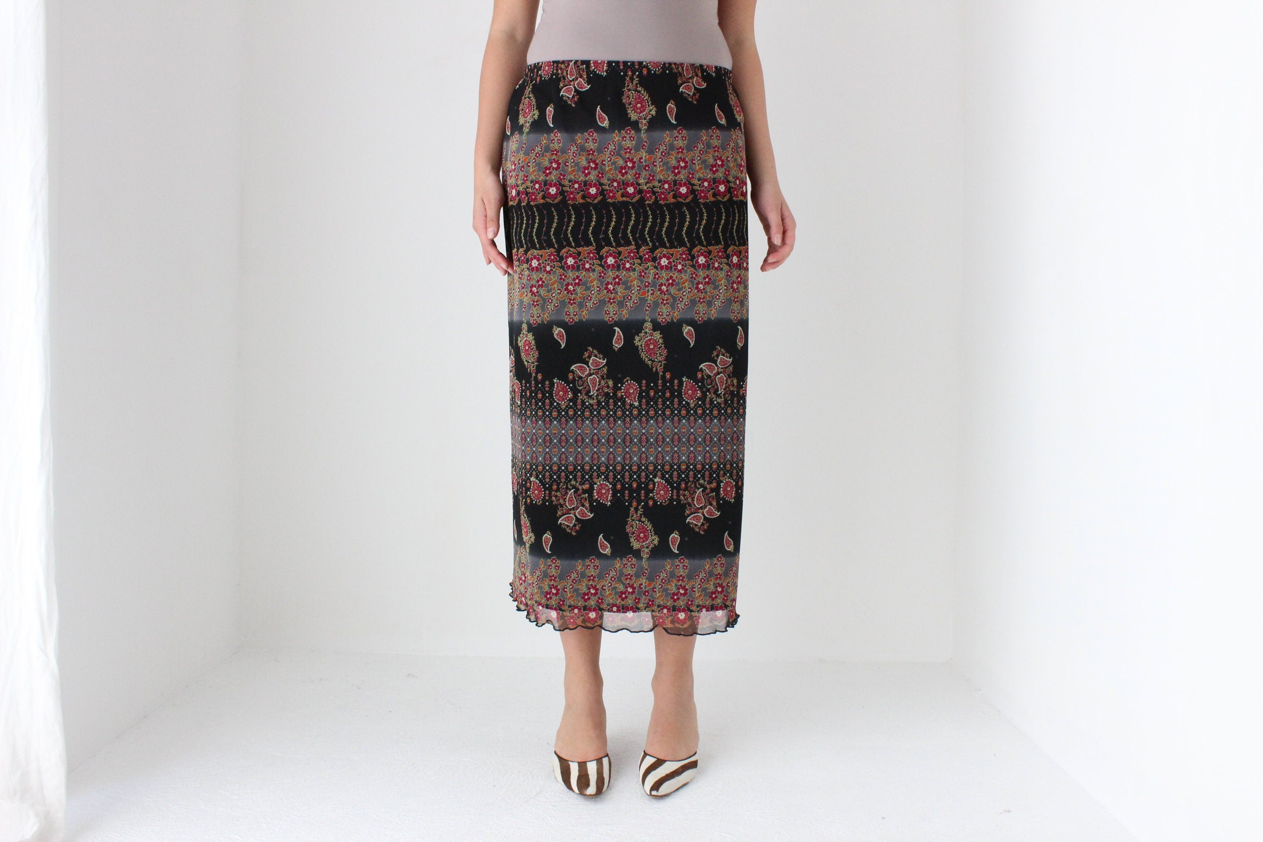 90s Printed Paisley Mesh Slip On Skirt