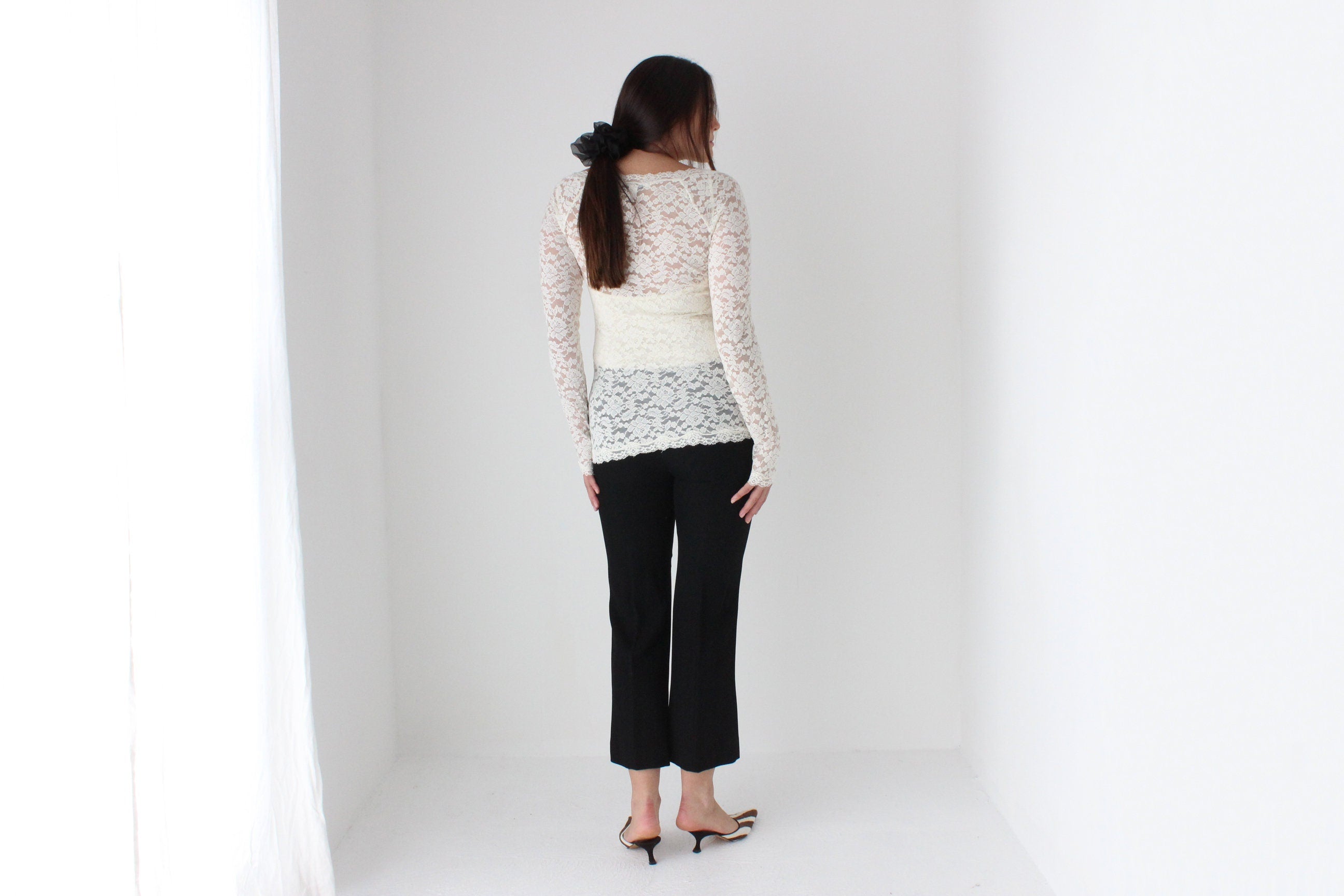 2000s Sheer Cream Lace Scoop Neck Top