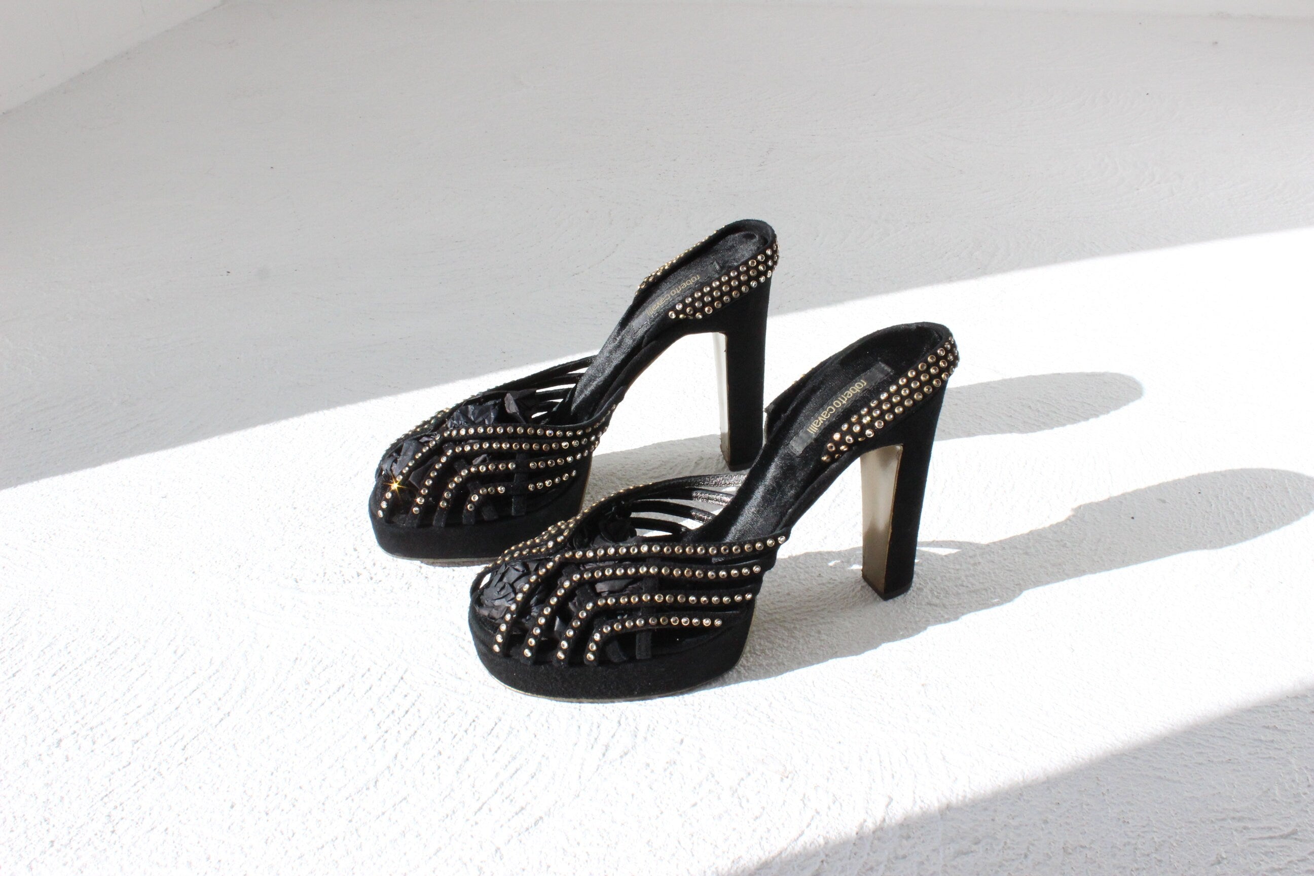 Y2K Roberto Cavalli Black Velvet & Diamonte Disco Platforms ~ Euro 39
