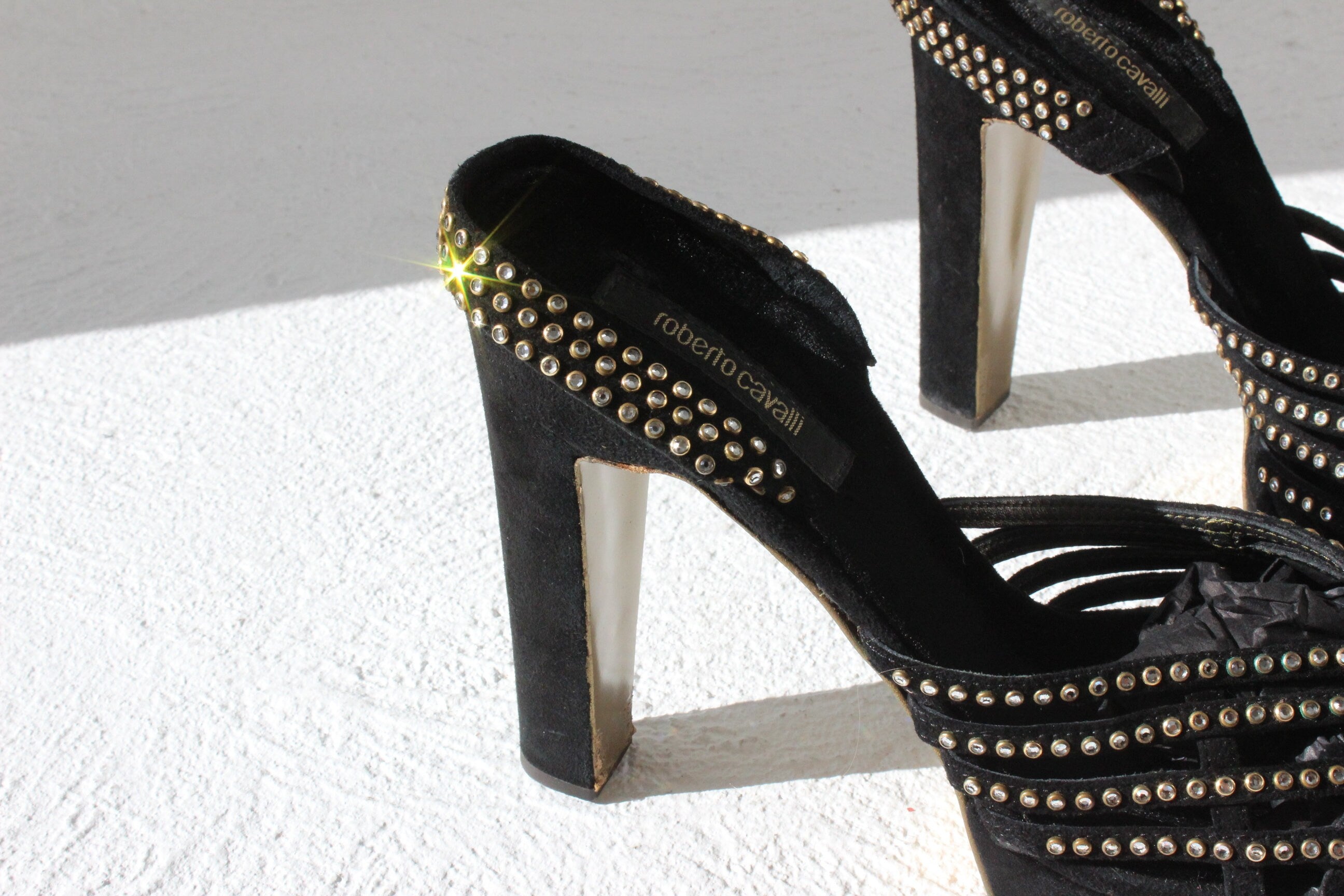 Y2K Roberto Cavalli Black Velvet & Diamonte Disco Platforms ~ Euro 39