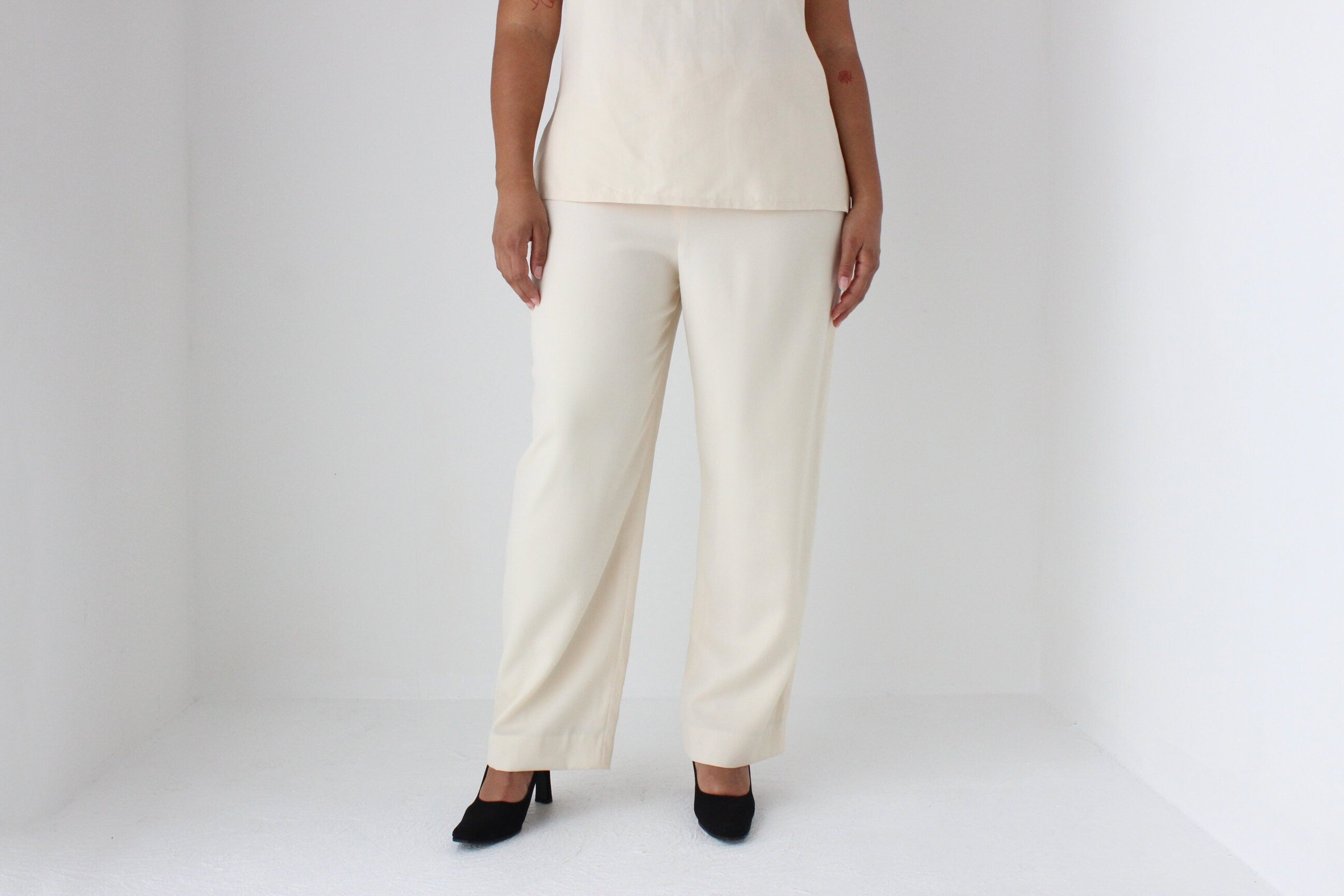 1980s Bill Blass Tailored Wide Leg Cream Wool Bridal Trousers