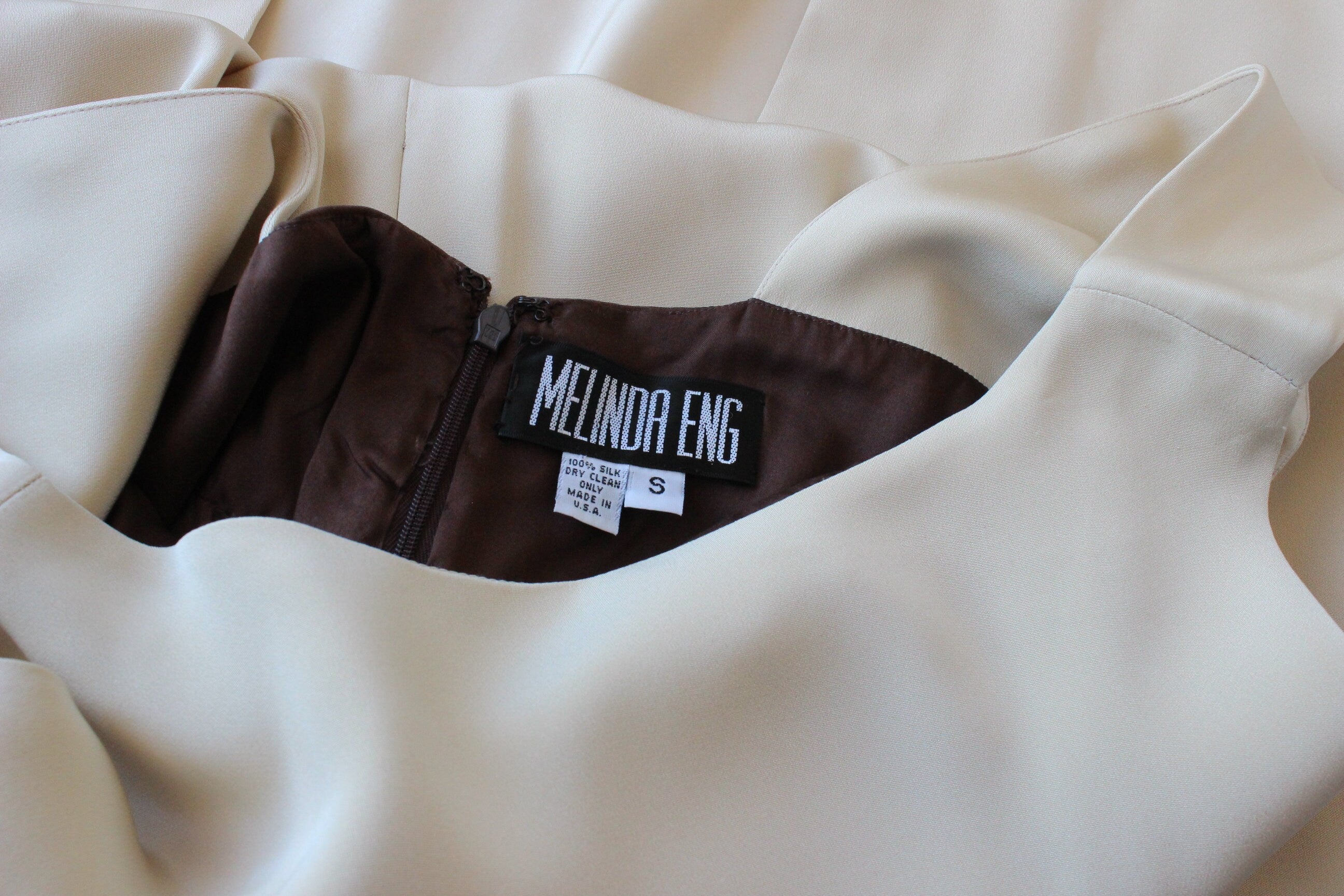 1990s Melinda Eng Chic Neutral Silk Column Gown w/ Chocolate Centre