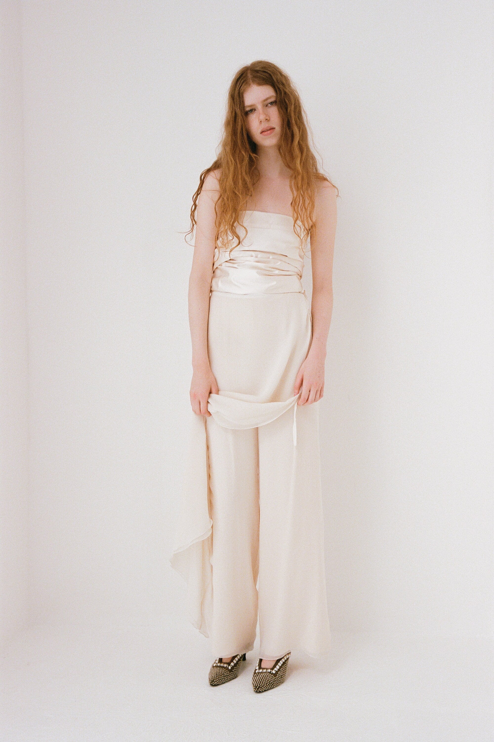 1990s St John Layered Silk Minimal High Waist Floaty Loose Wide Leg Bridal Pants