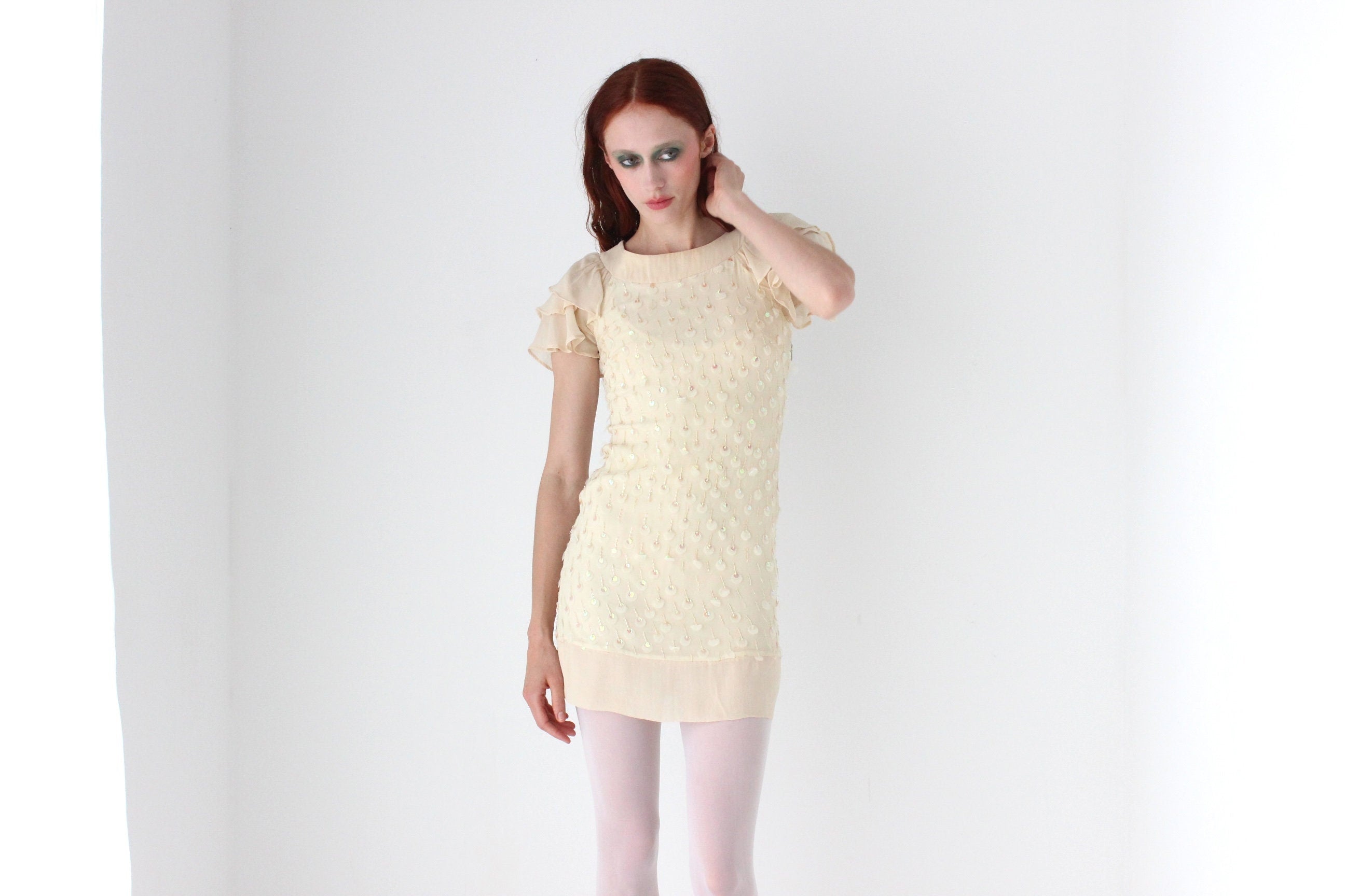 2000s Textured Silk & Sequin Flutter Dress by Alannah Hill