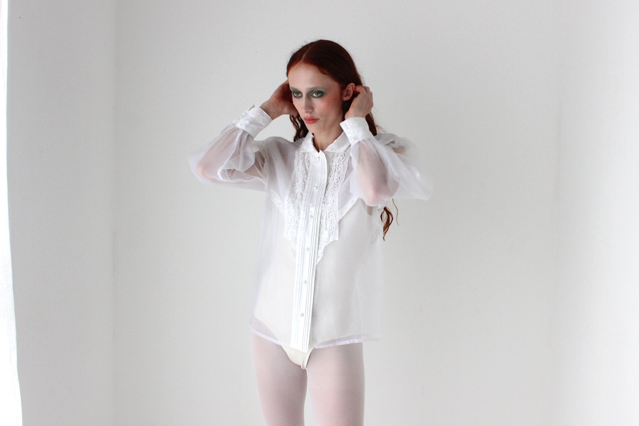 Fabulous 80s Structured White Organza Puff Blouson Sleeve Top