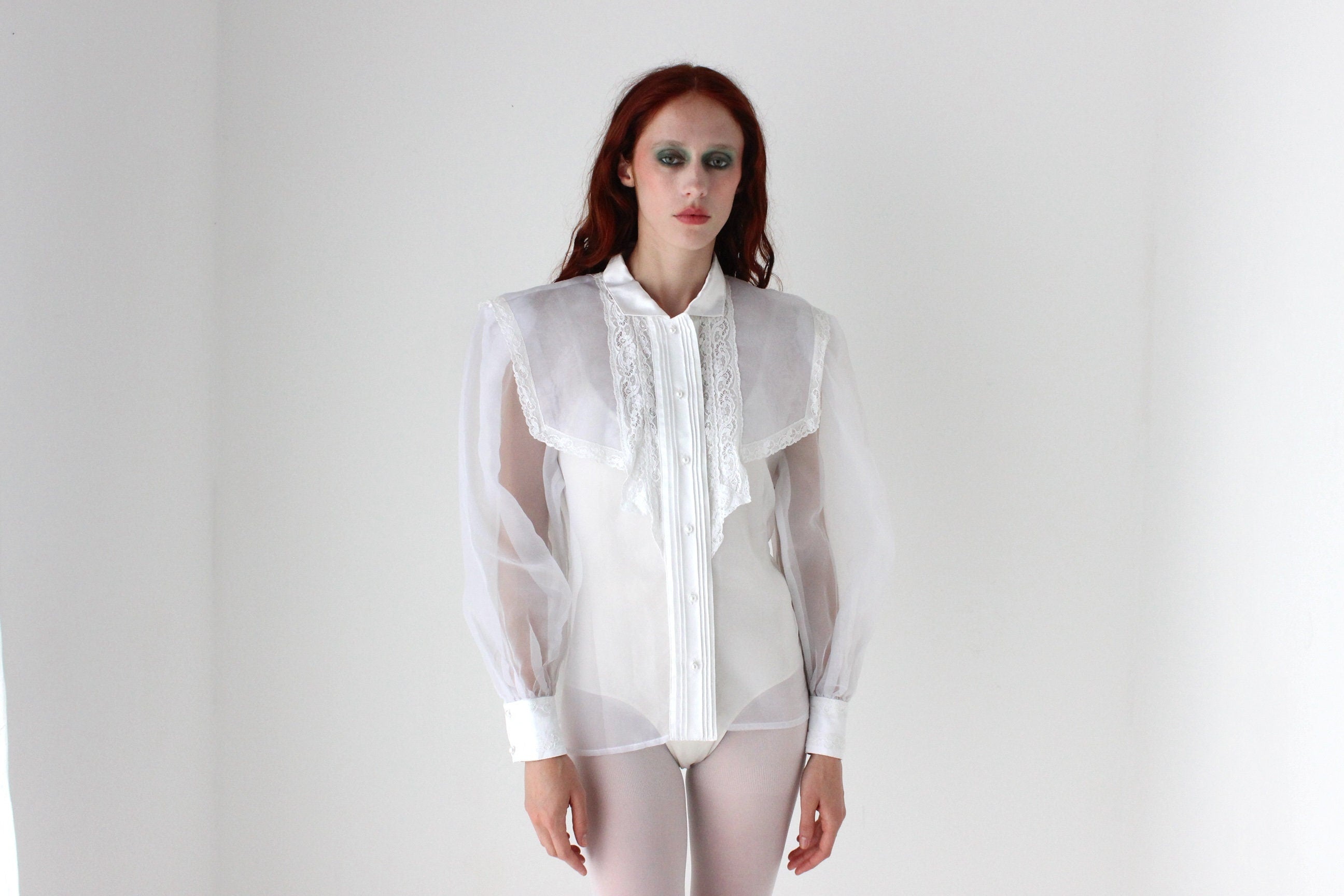 Fabulous 80s Structured White Organza Puff Blouson Sleeve Top