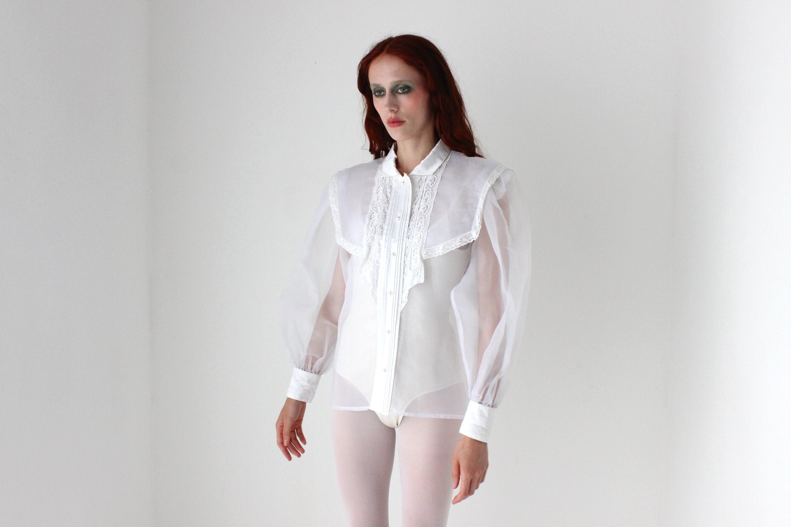 Fabulous 80s Structured White Organza Puff Blouson Sleeve Top