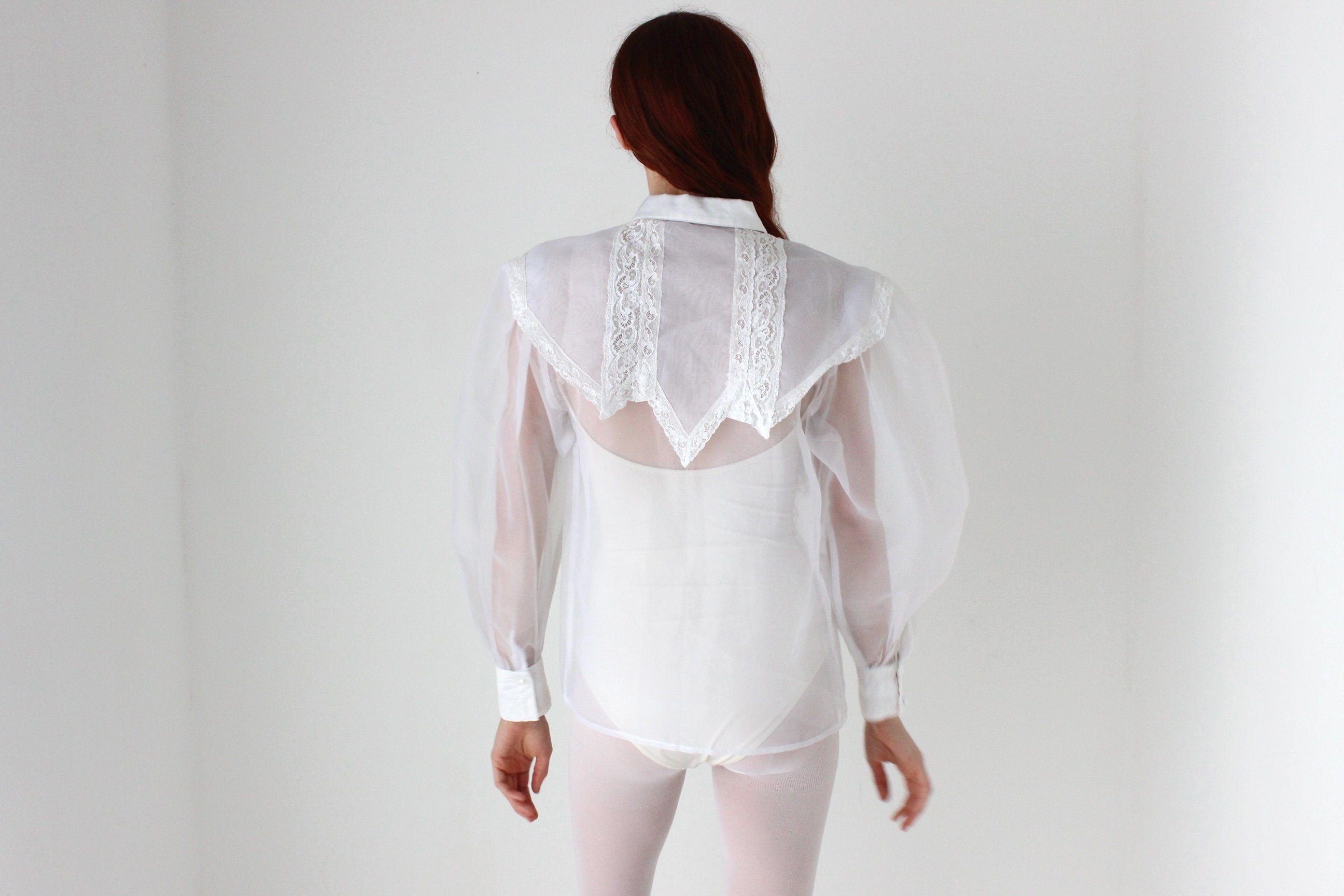 Fabulous 80s Structured White Organza Puff Blouson Sleeve Top