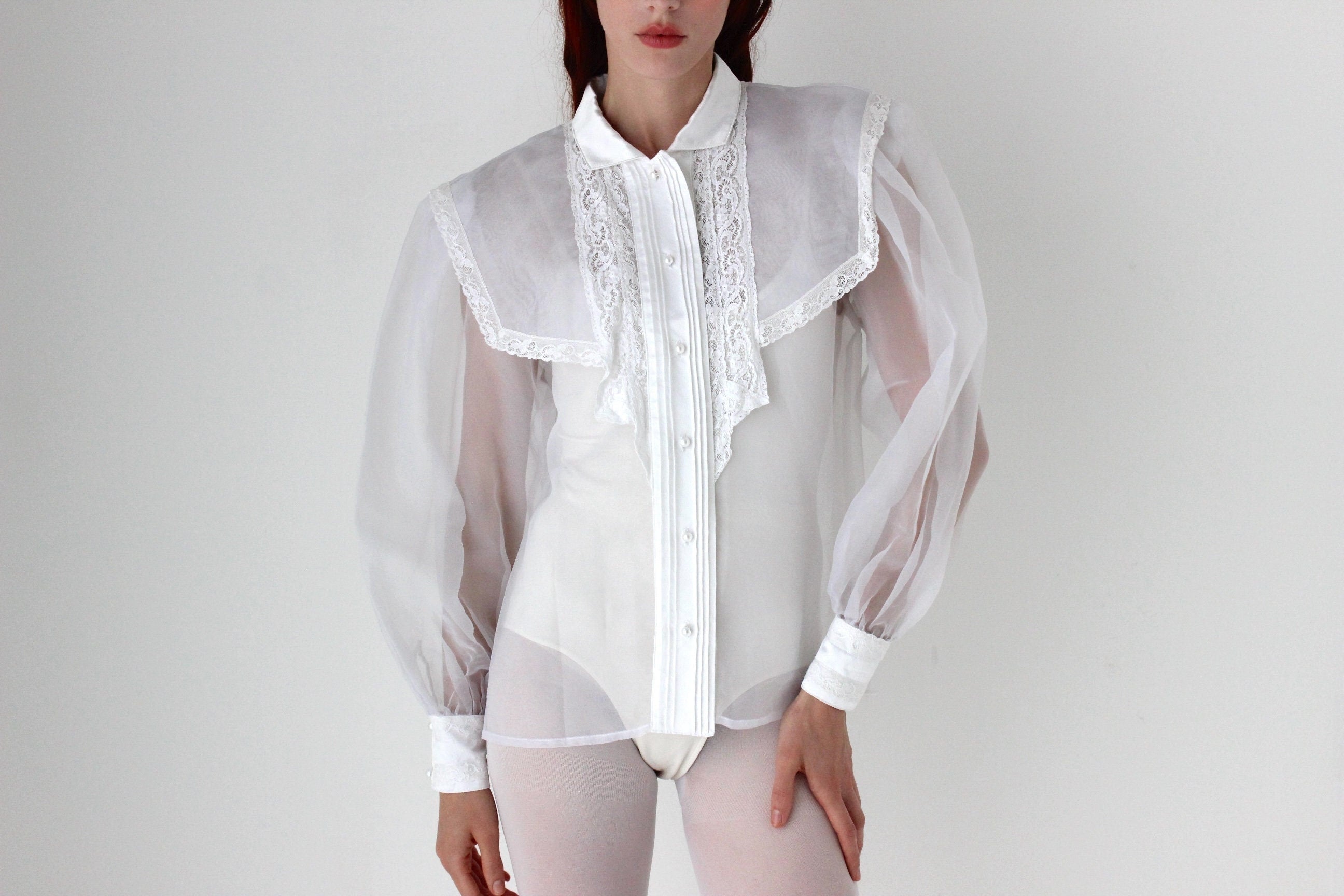 Fabulous 80s Structured White Organza Puff Blouson Sleeve Top