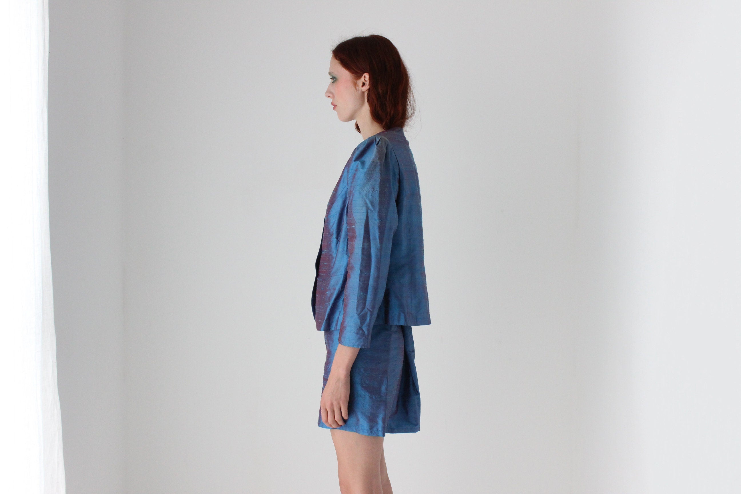 80s Raw Silk Metallic Two Piece Jacket Top & Skirt Suit Set