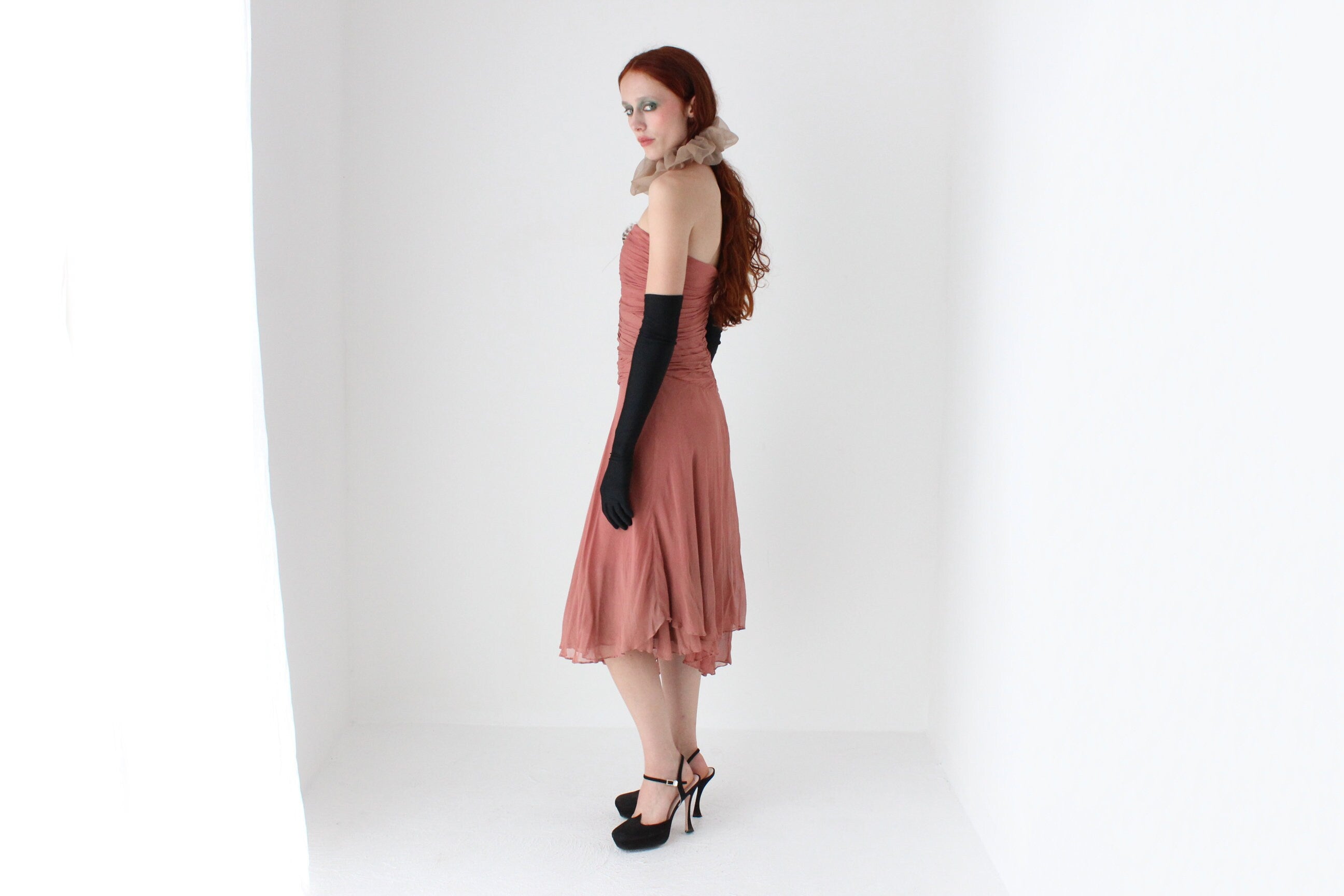Y2K Pure Silk Ruched Strapless Party Dress w/ Feather Brooch