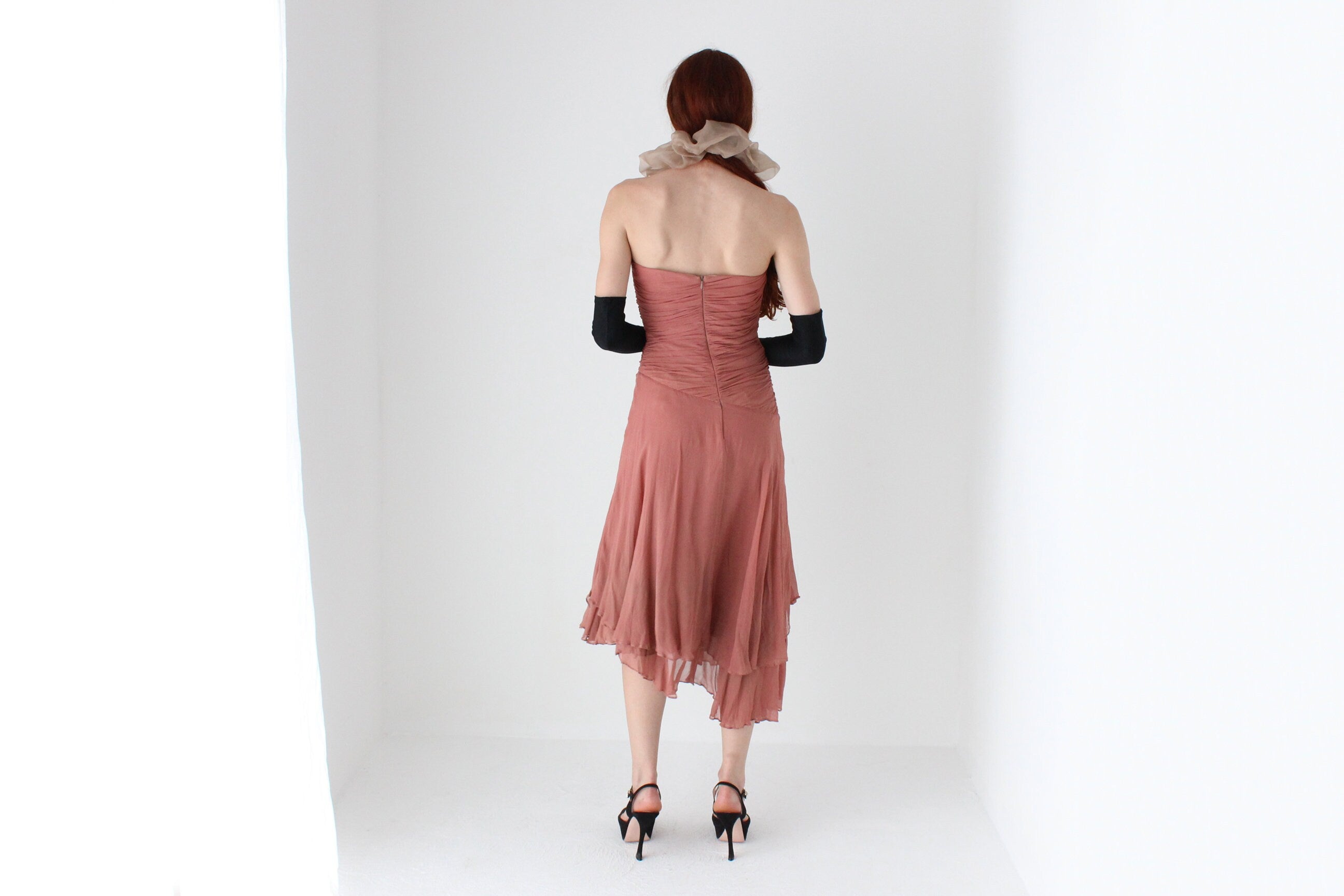 Y2K Pure Silk Ruched Strapless Party Dress w/ Feather Brooch