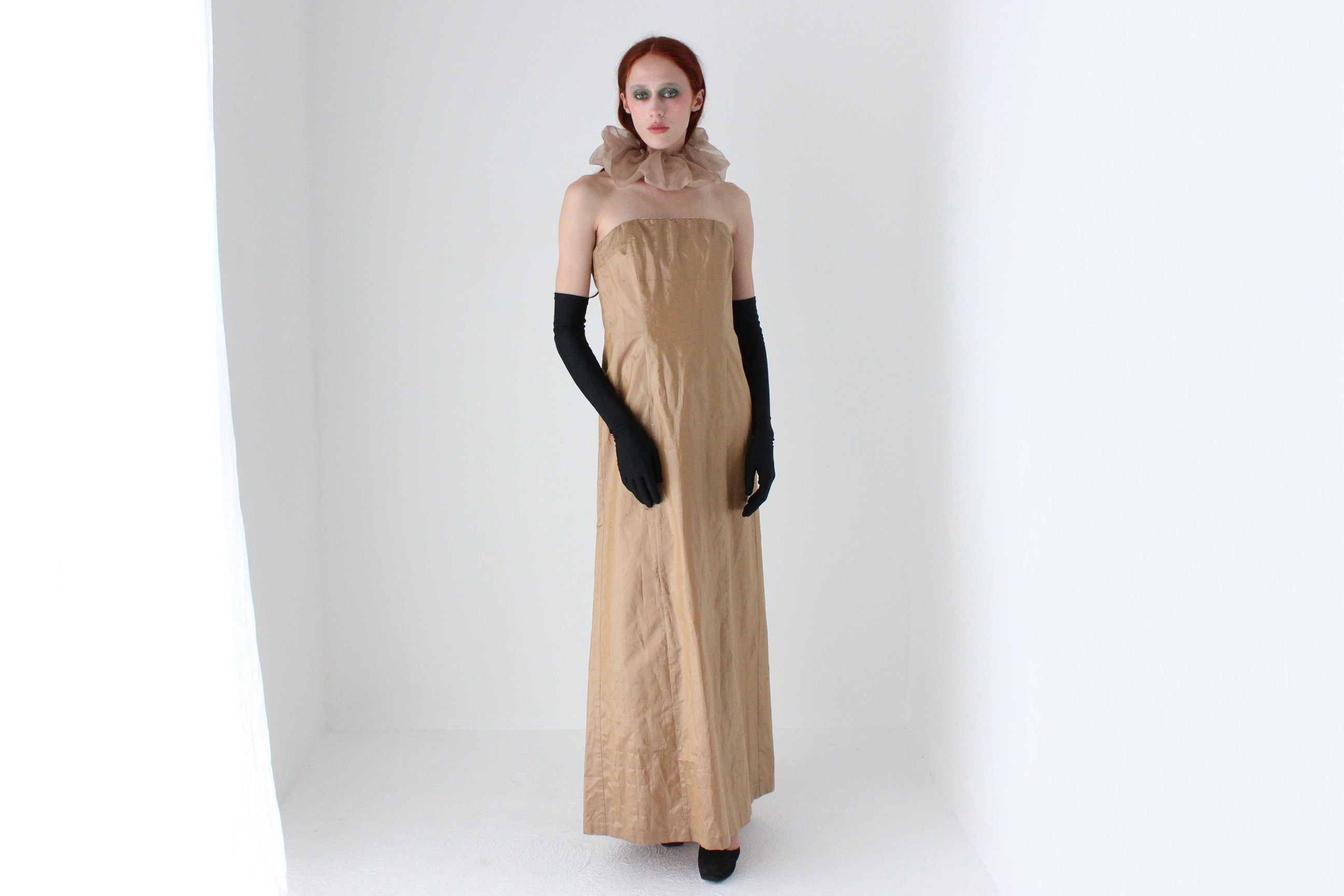Y2K Lisa Ho Raw Silk Strapless Full Length Gold Formal Gown