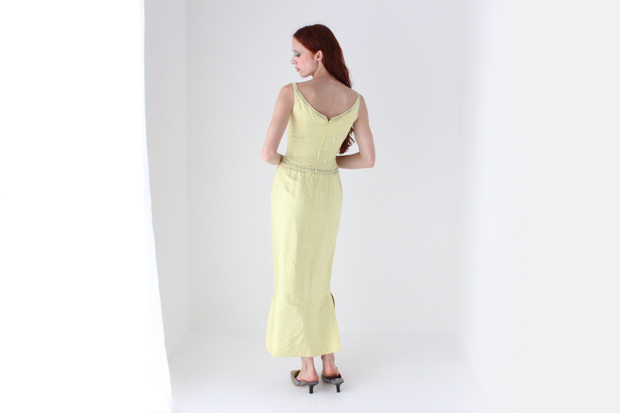 Glamorous 60s Raw Silk & Glass Beaded Evening Dress