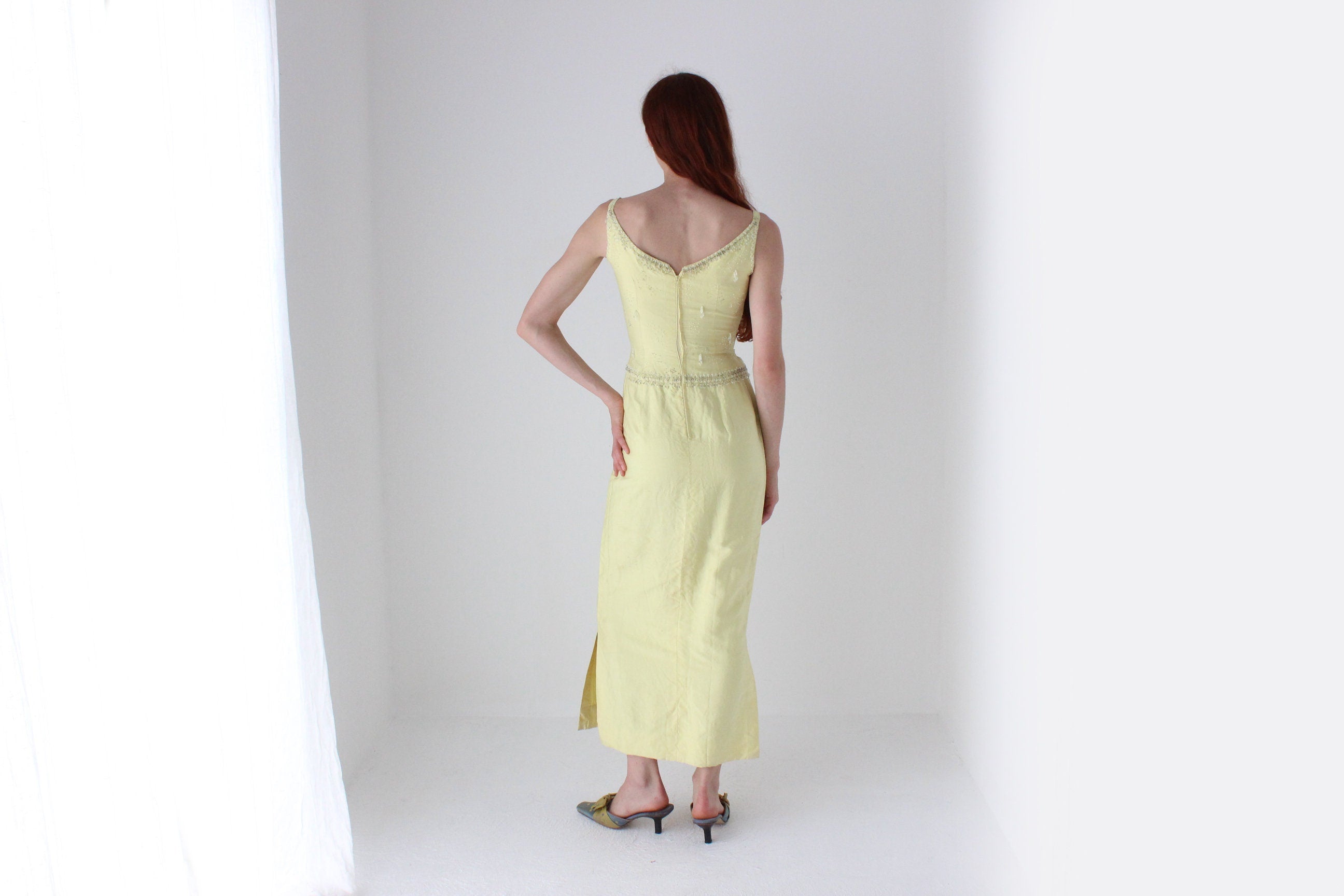 Glamorous 60s Raw Silk & Glass Beaded Evening Dress
