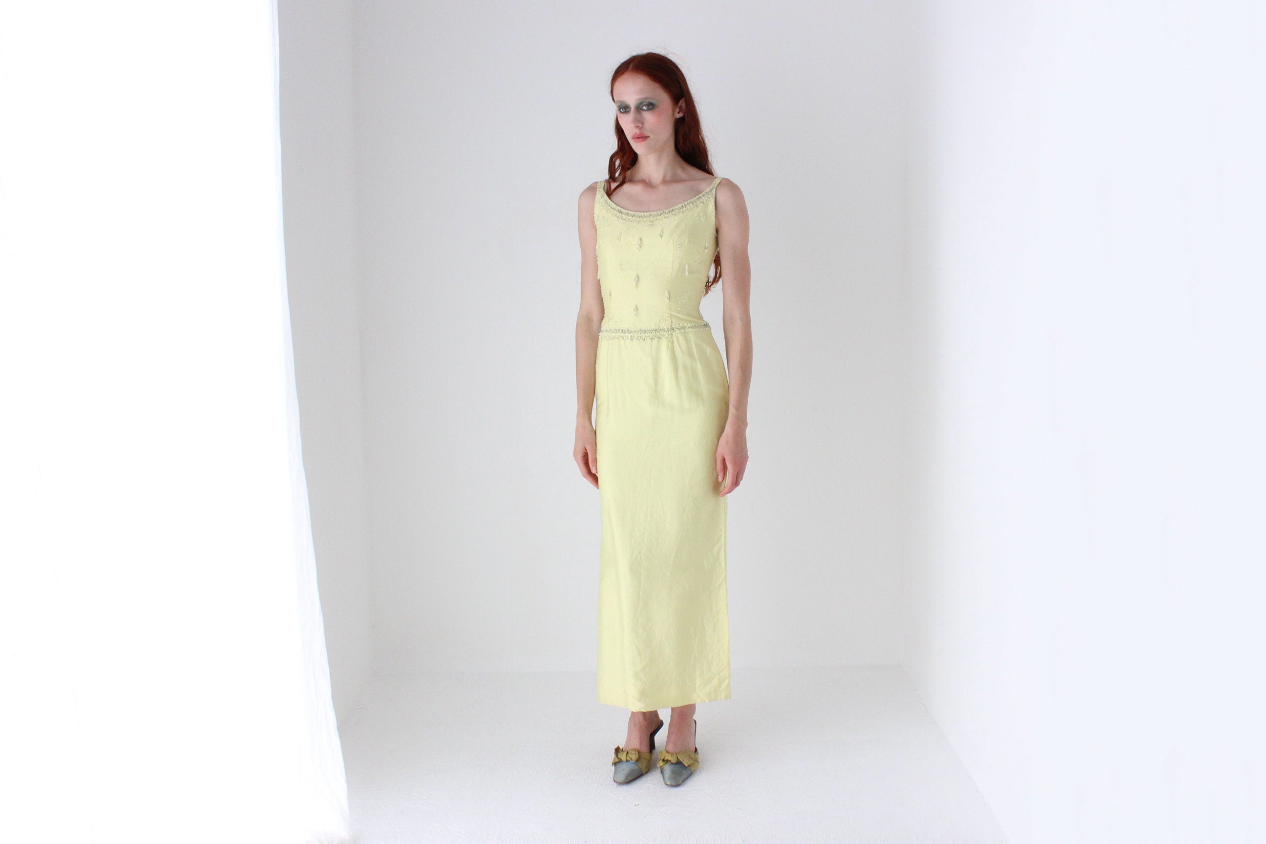 Glamorous 60s Raw Silk & Glass Beaded Evening Dress
