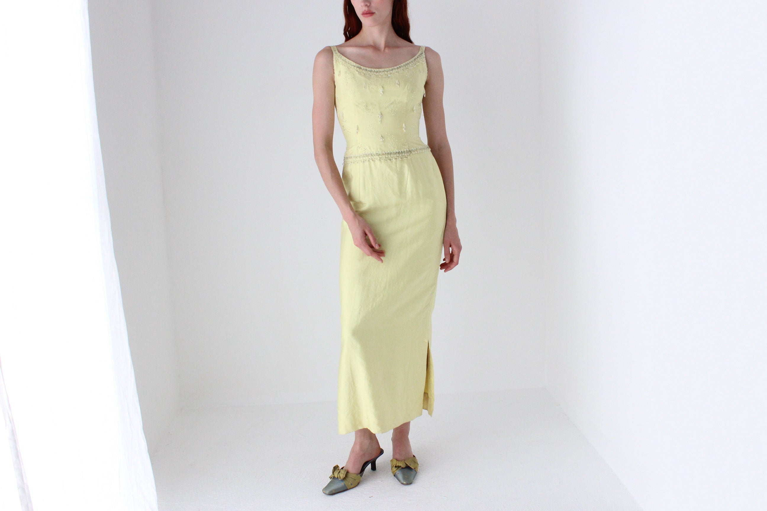 Glamorous 60s Raw Silk & Glass Beaded Evening Dress
