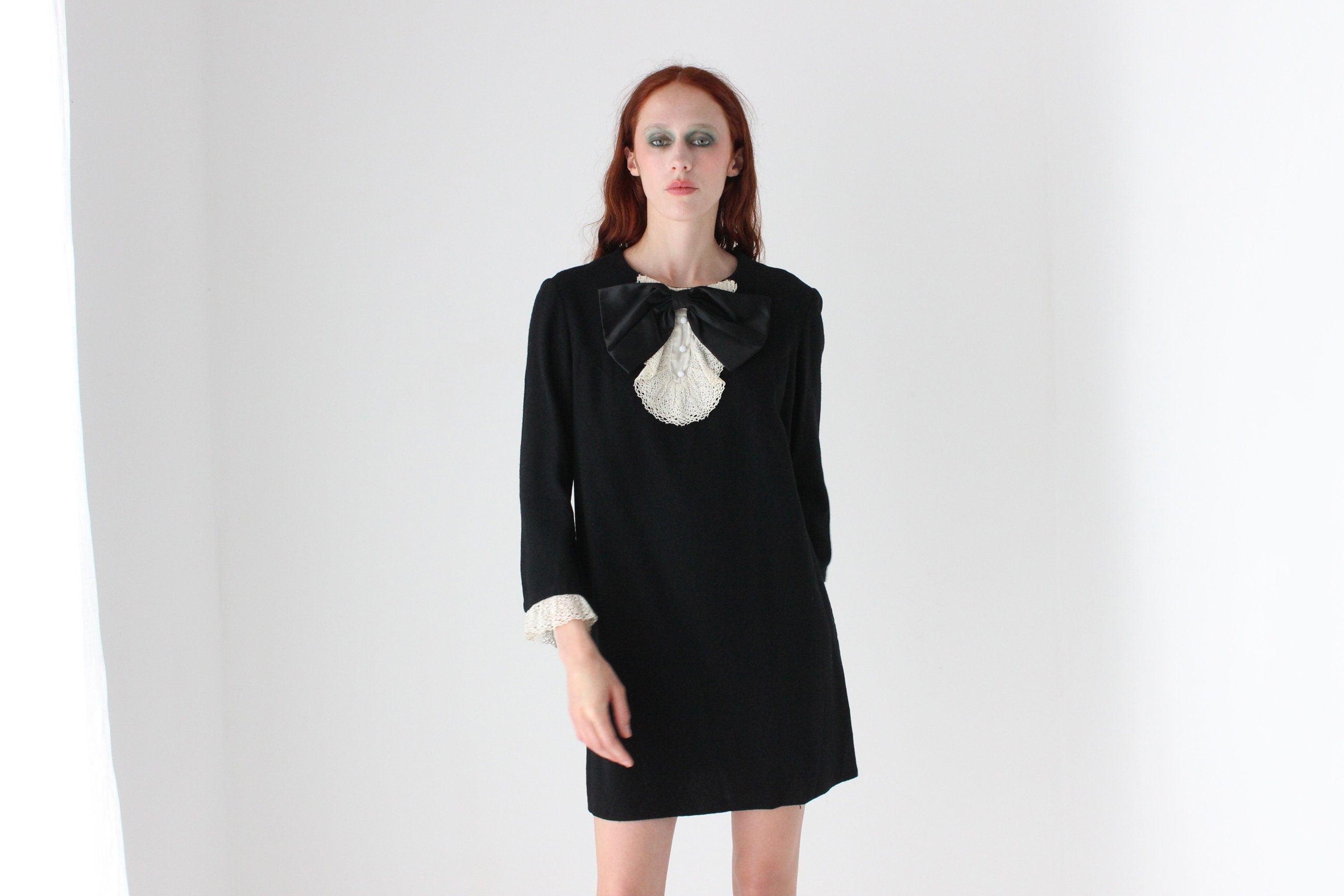 60s Tuxedo Bow & Lace Ruffle Dress