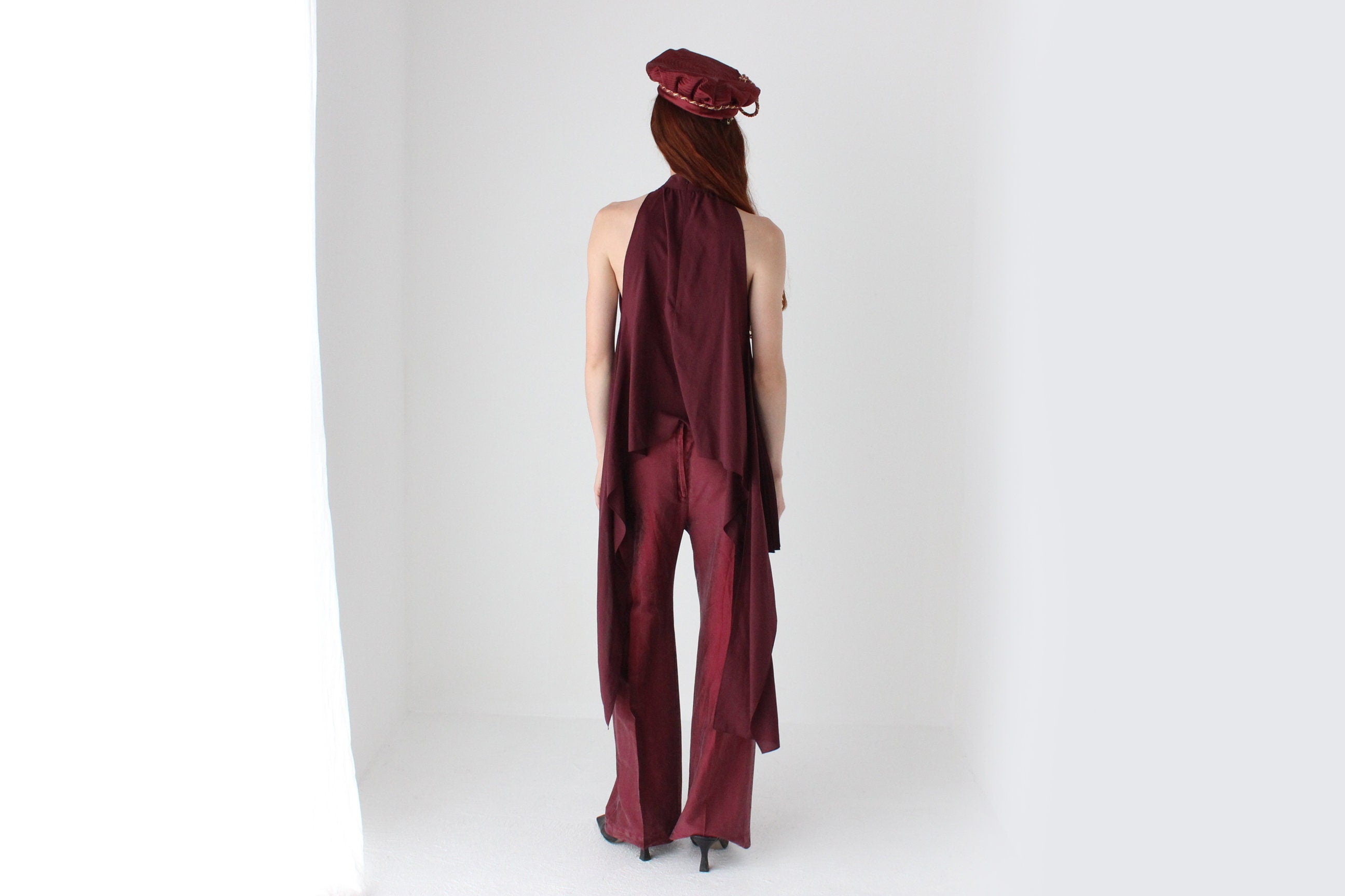 Textured 90s Raw Silk Burgundy Wide Leg Trousers
