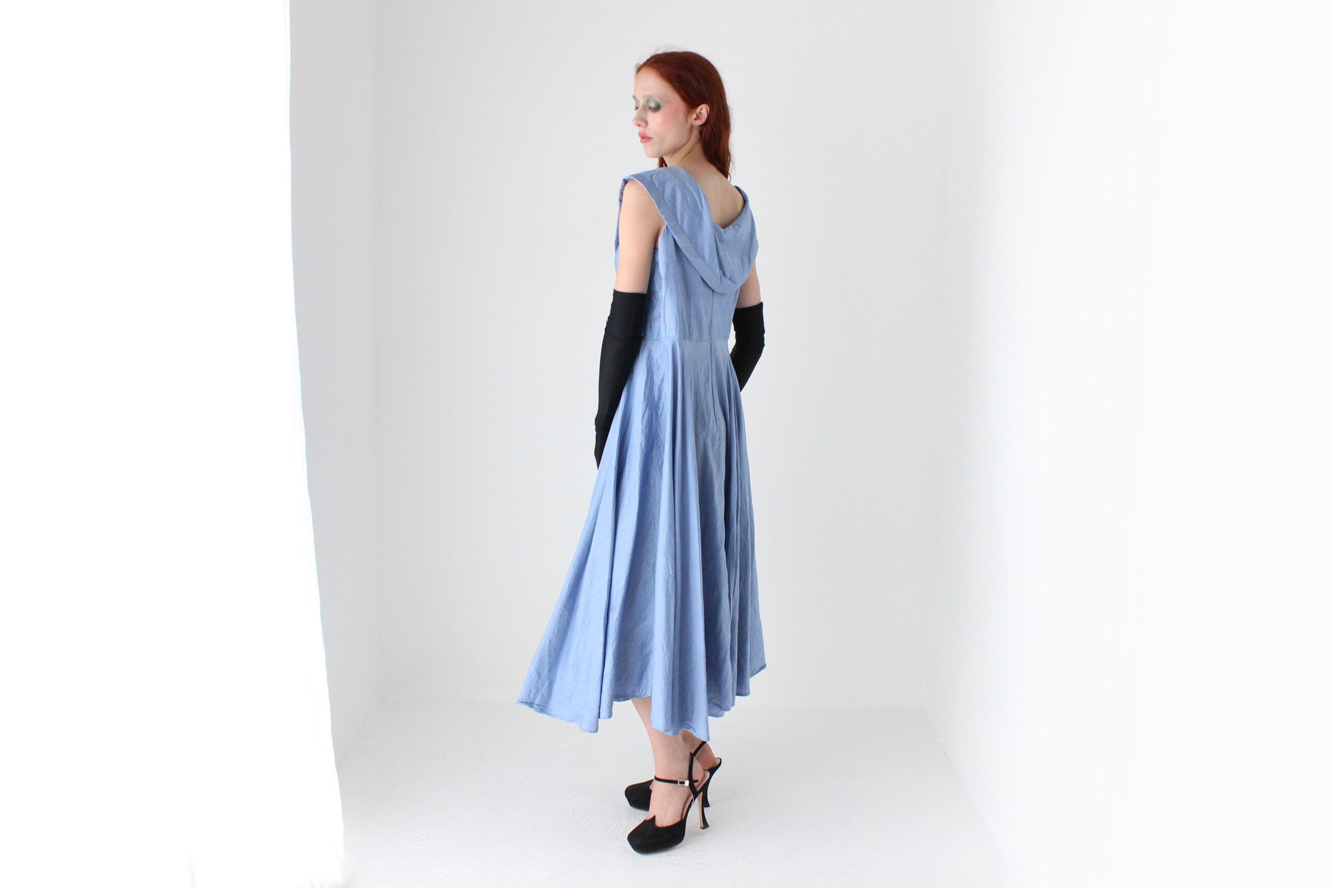 Dreamy 1980s Cornflower Blue Raw Silk Cocktail Dress