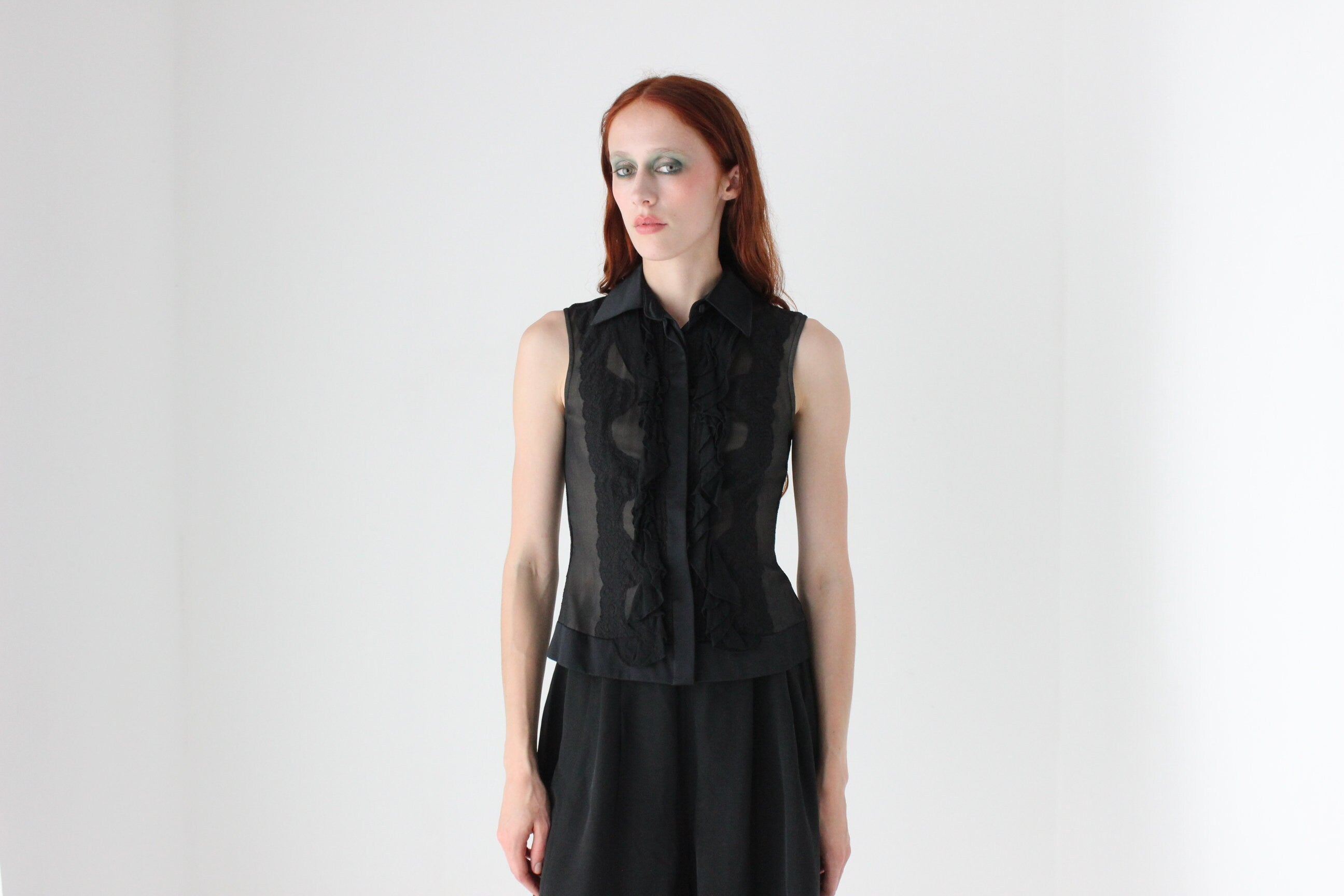 90s 'Sheer Illusion' Silk Georgette, Lace & Satin Waistcoat Vest Top