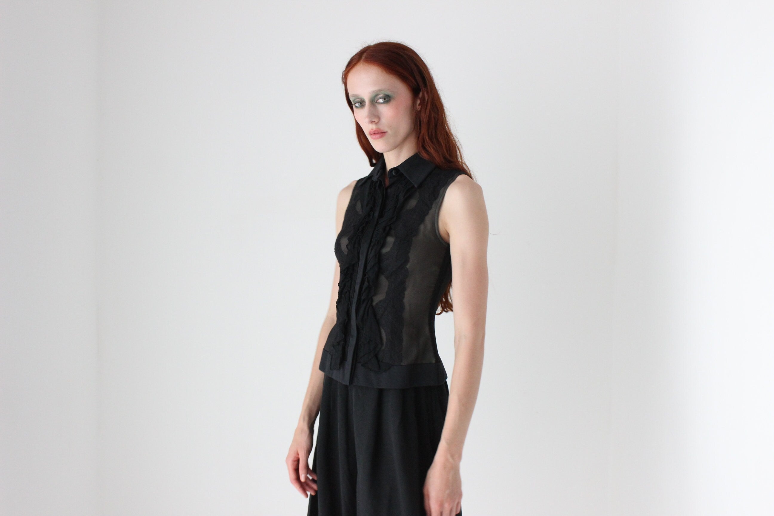 90s 'Sheer Illusion' Silk Georgette, Lace & Satin Waistcoat Vest Top