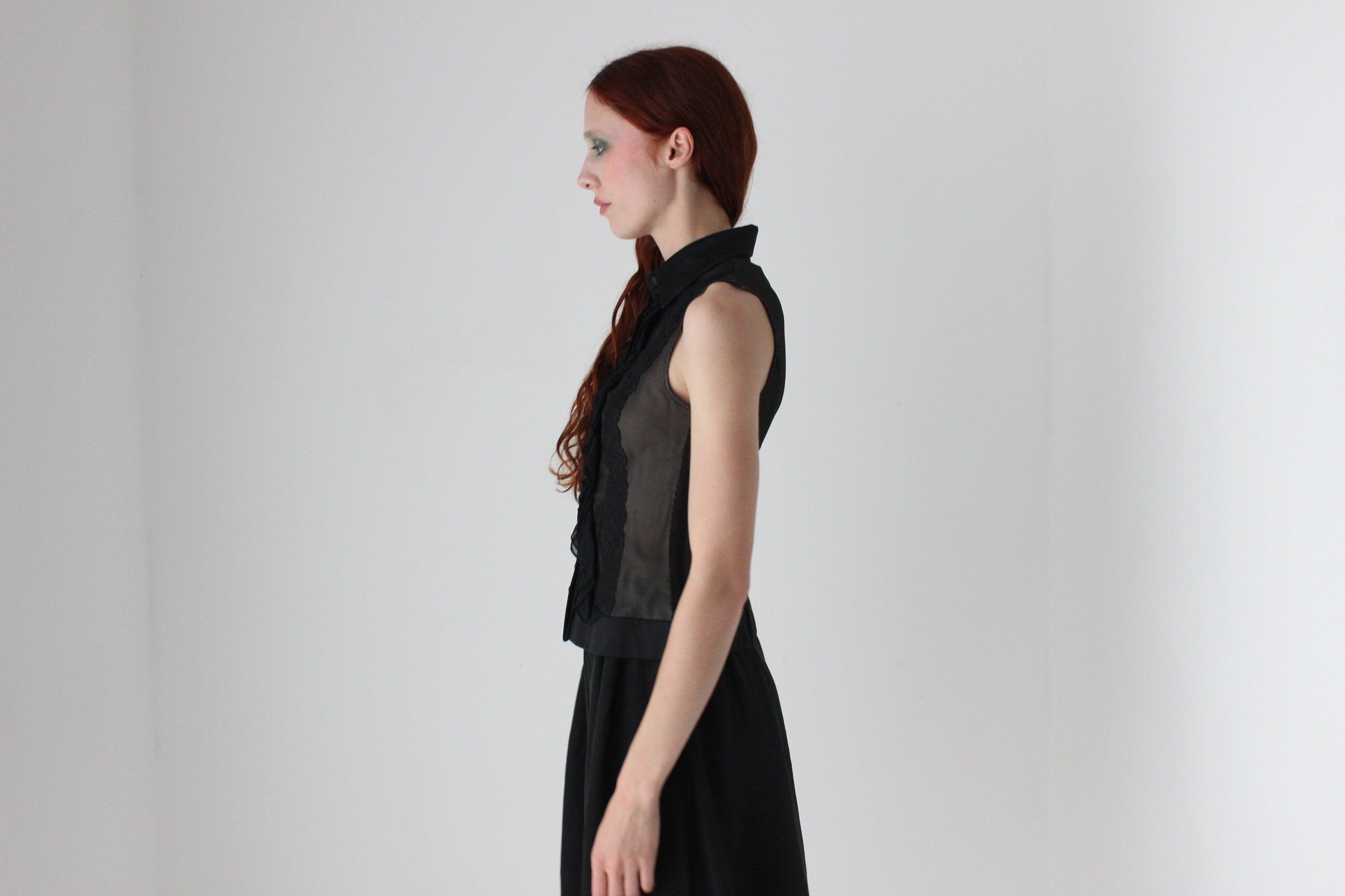 90s 'Sheer Illusion' Silk Georgette, Lace & Satin Waistcoat Vest Top