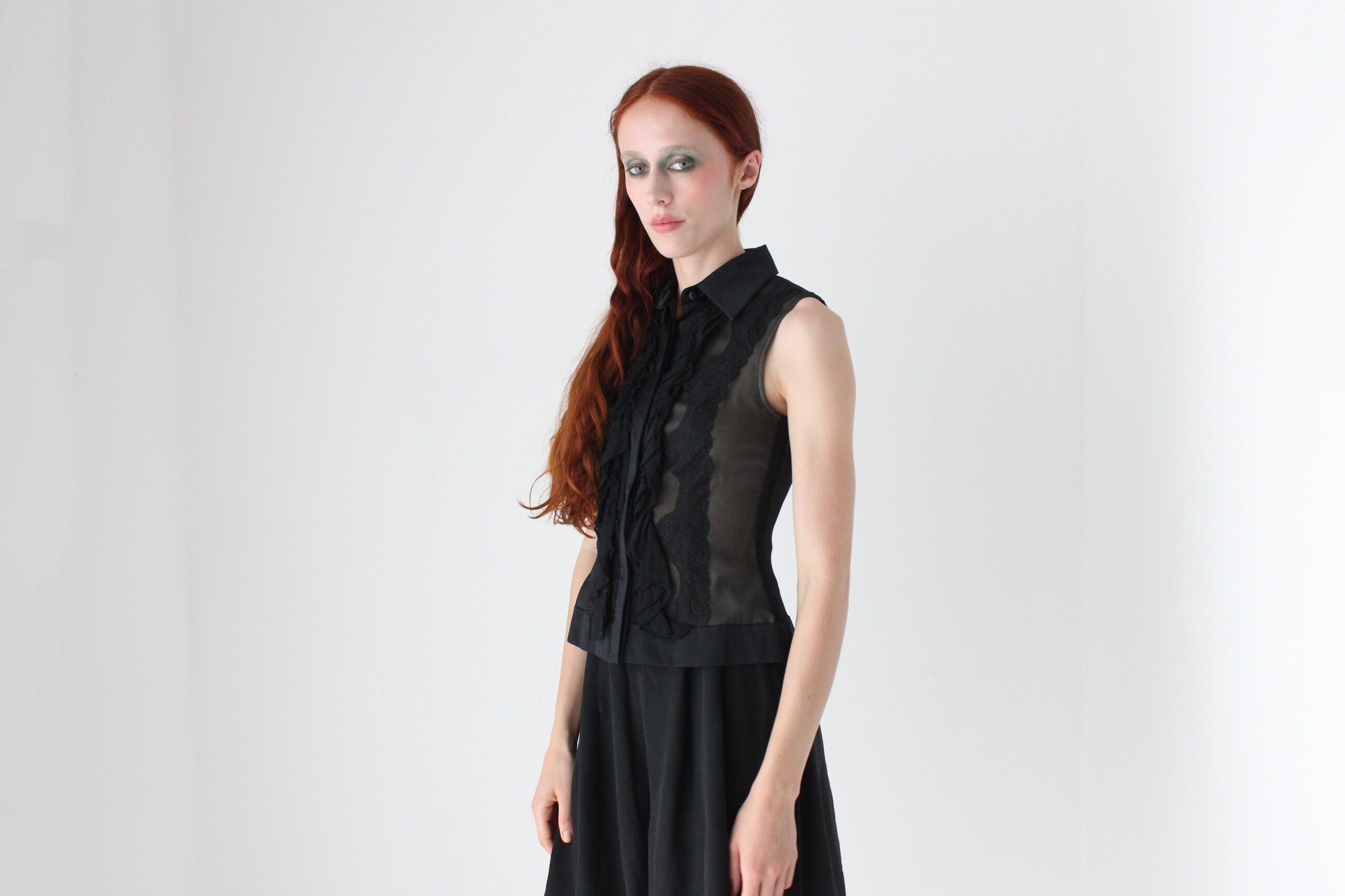 90s 'Sheer Illusion' Silk Georgette, Lace & Satin Waistcoat Vest Top