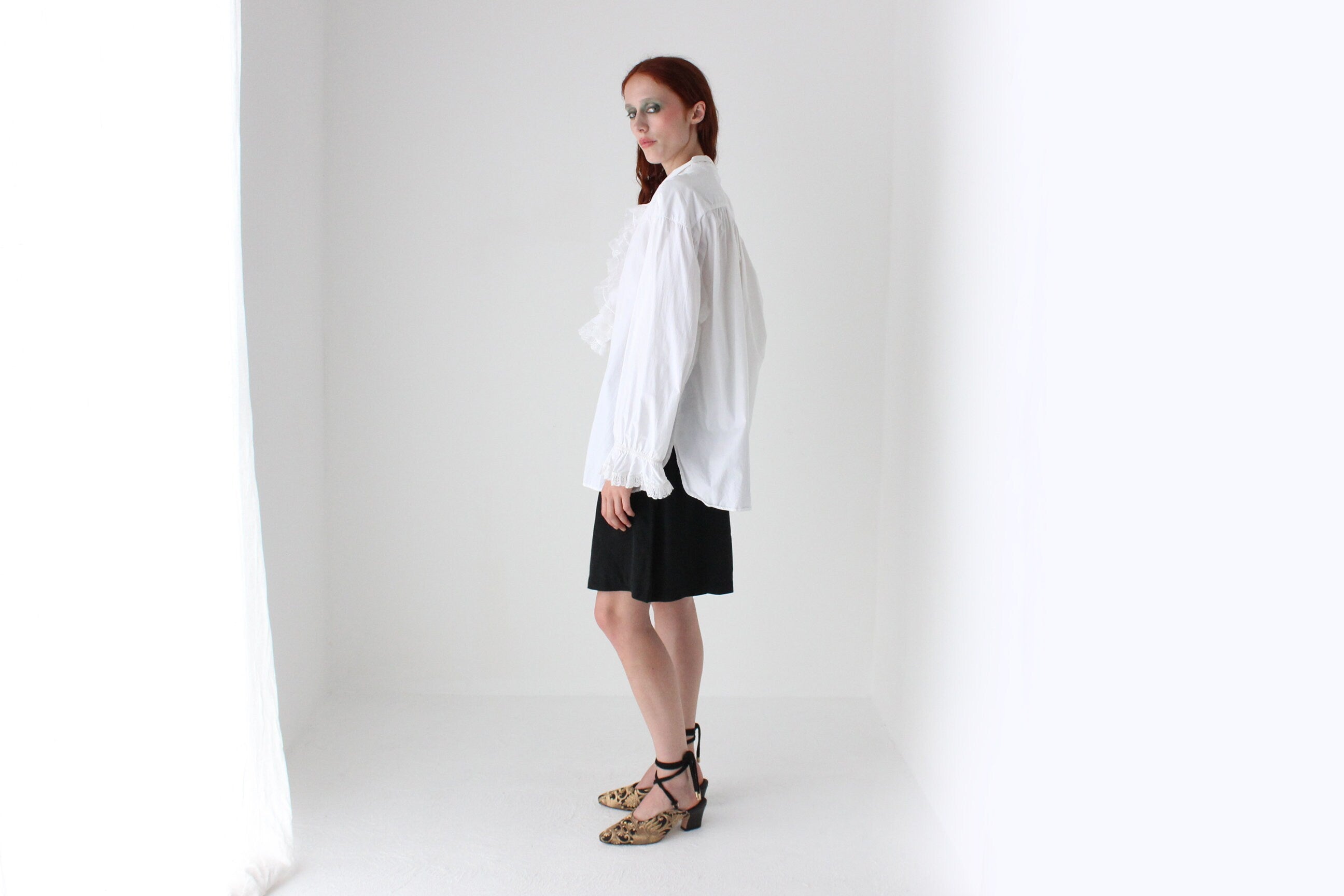 80s Cotton Crisp & Frilly White Tuxedo Collar Shirt Dress