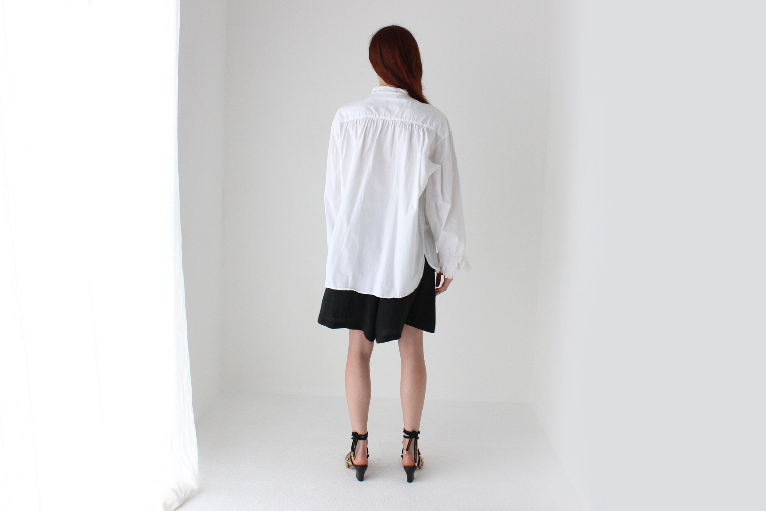 80s Cotton Crisp & Frilly White Tuxedo Collar Shirt Dress