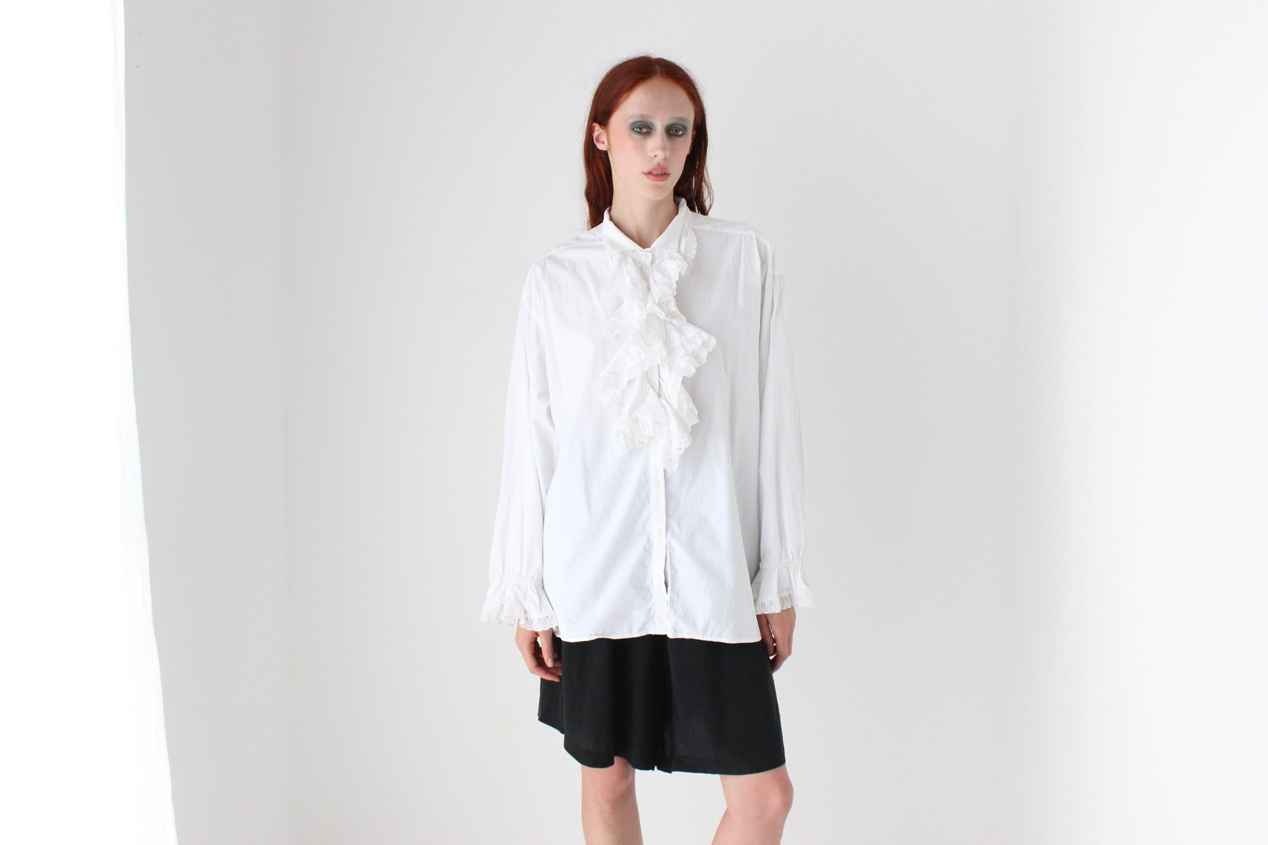 80s Cotton Crisp & Frilly White Tuxedo Collar Shirt Dress