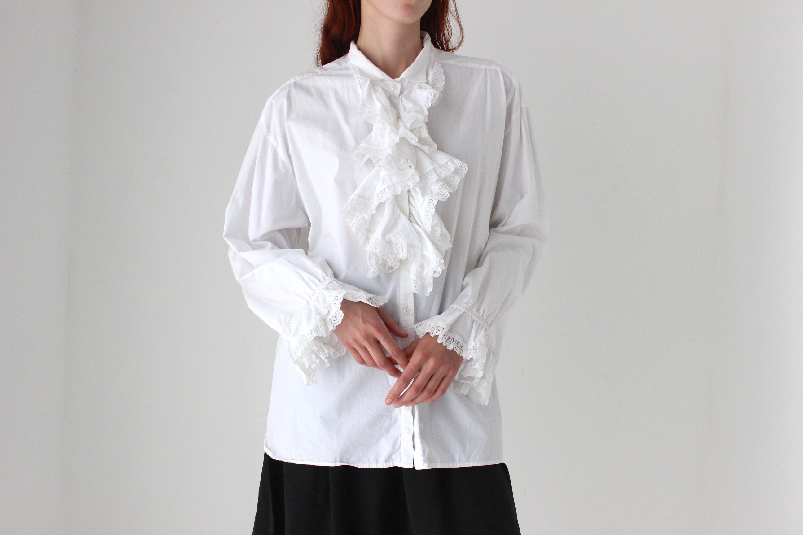 80s Cotton Crisp & Frilly White Tuxedo Collar Shirt Dress