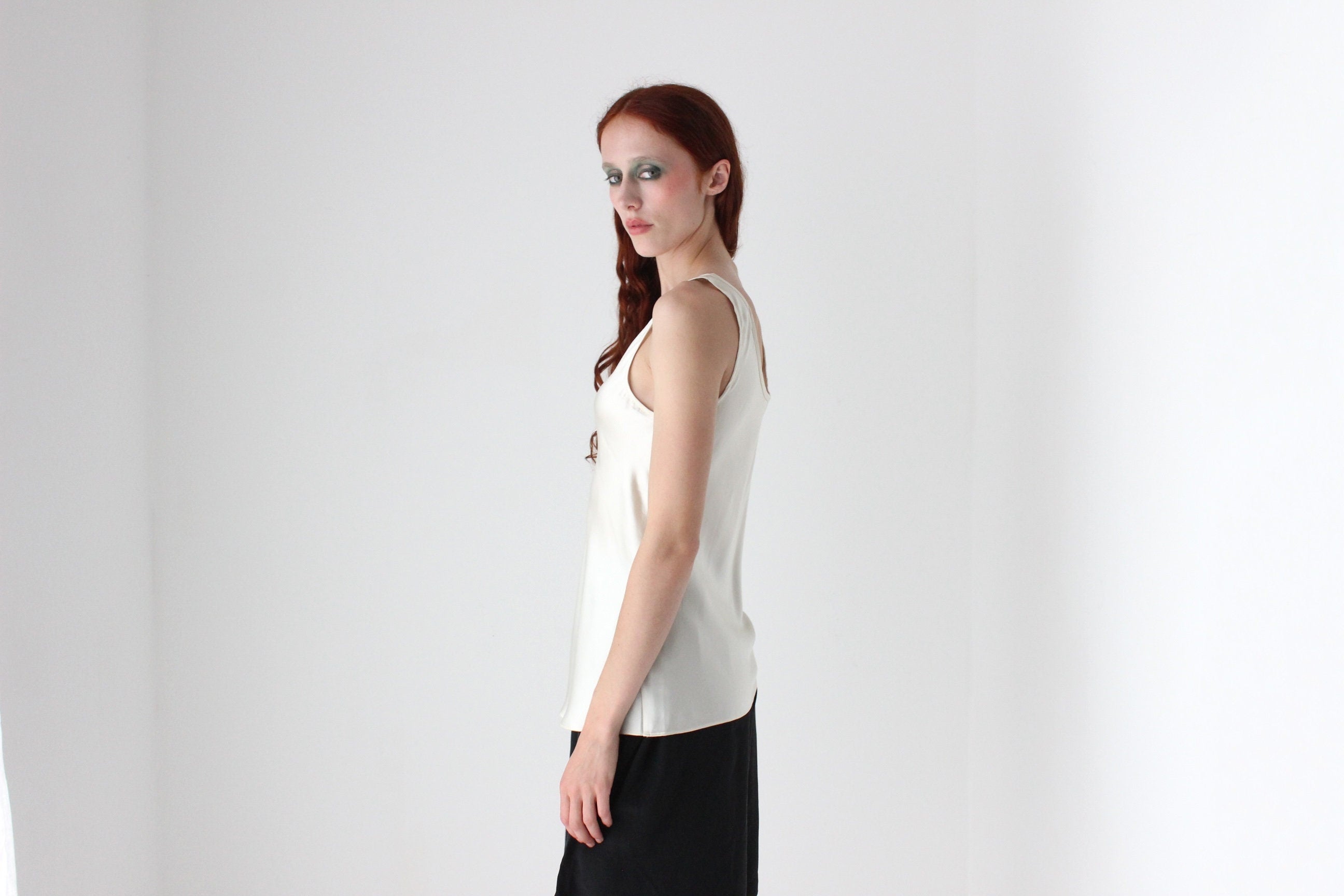 90s Cream PURE SILK Sleeveless Scoop Neck Bias Cut Top