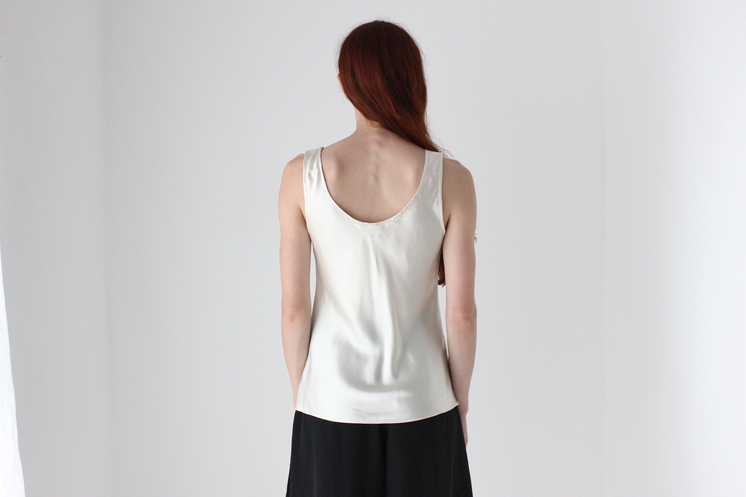 90s Cream PURE SILK Sleeveless Scoop Neck Bias Cut Top