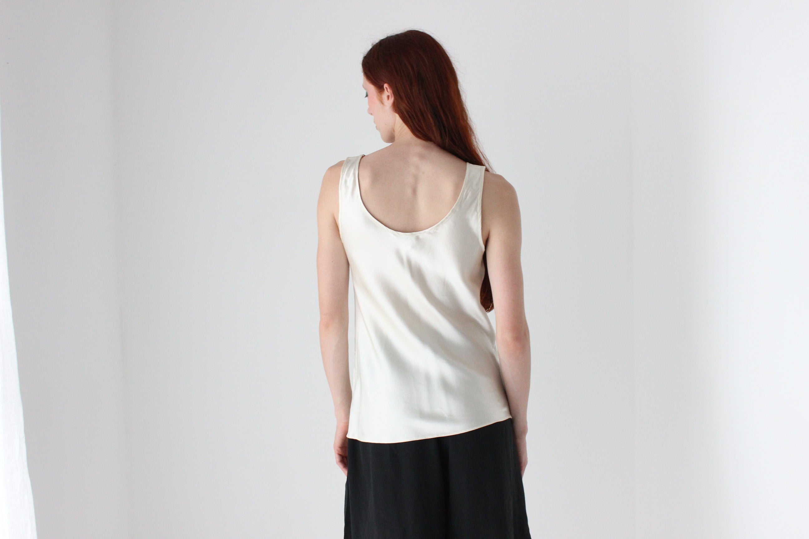 90s Cream PURE SILK Sleeveless Scoop Neck Bias Cut Top
