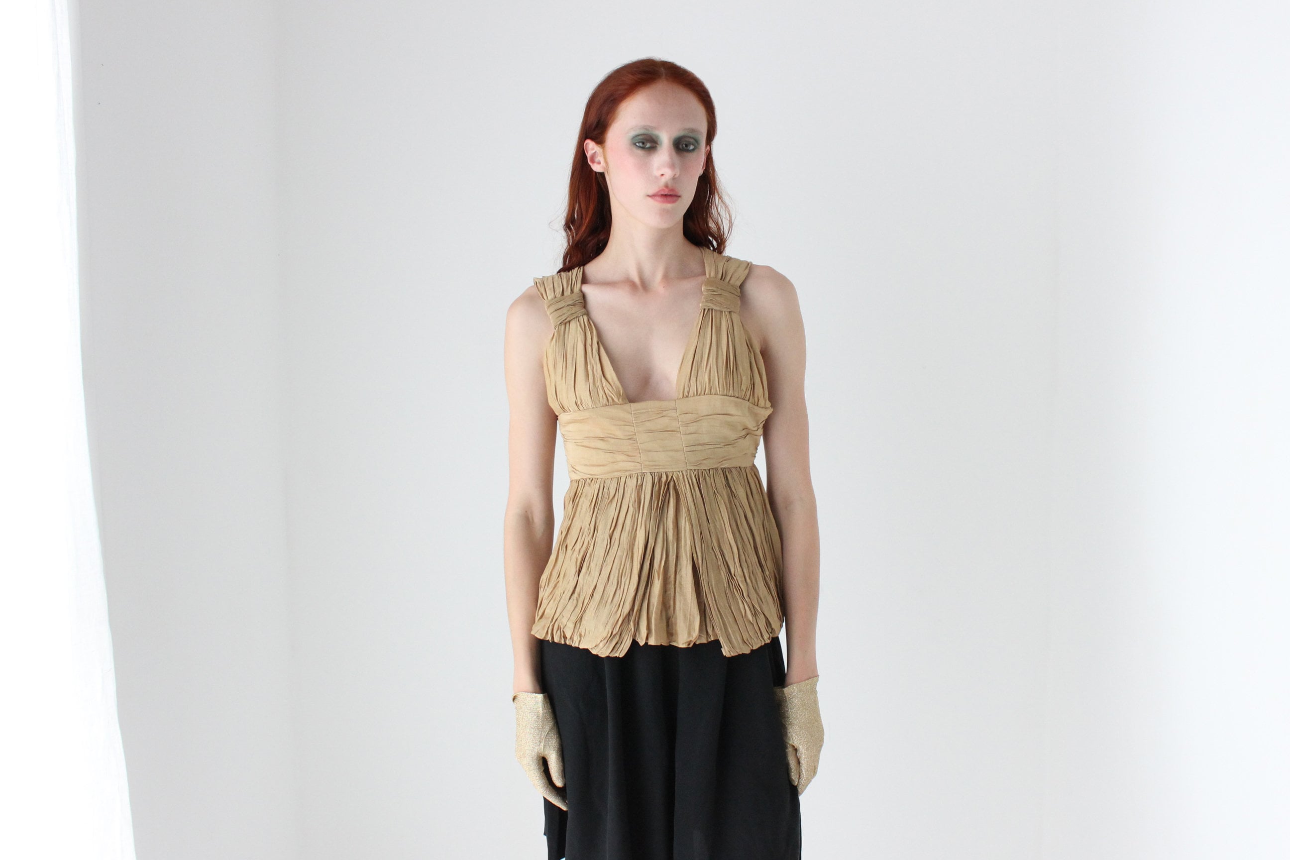 2000s WILLOW Grecian Gathered Plisse Plunge Neck Top