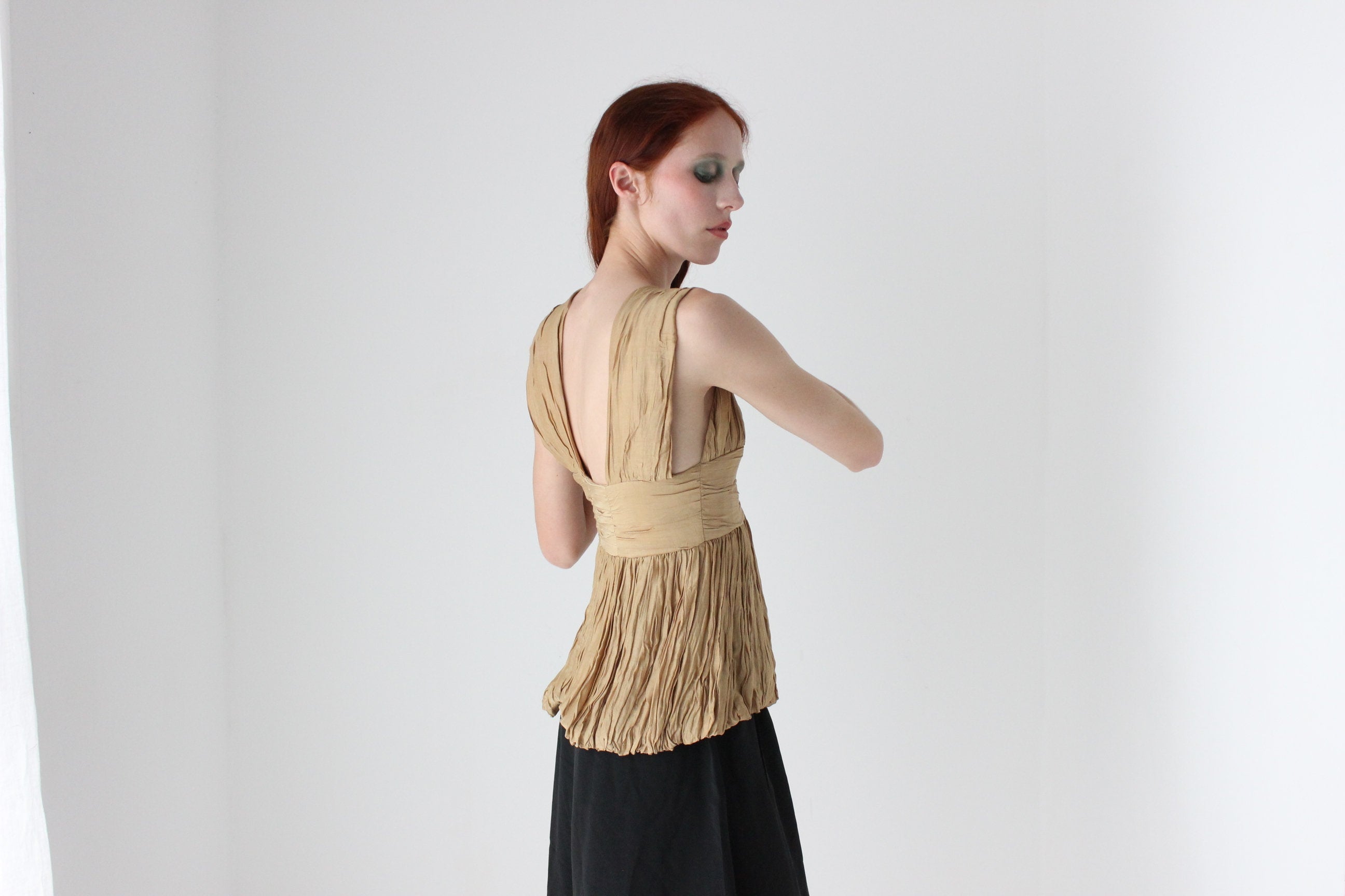 2000s WILLOW Grecian Gathered Plisse Plunge Neck Top