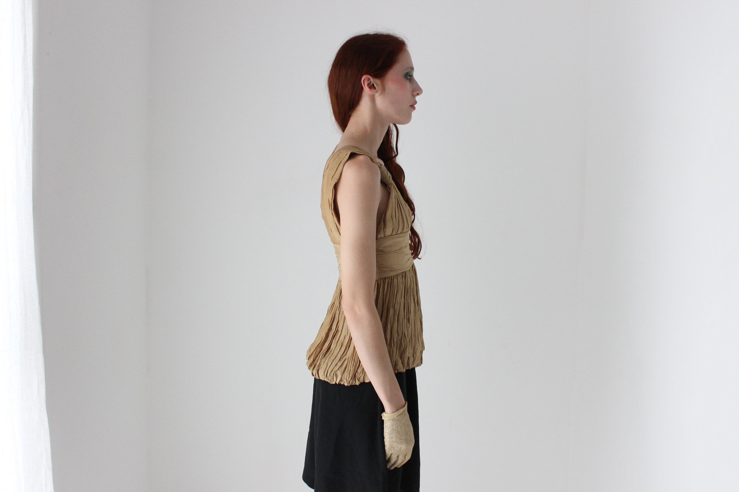 2000s WILLOW Grecian Gathered Plisse Plunge Neck Top