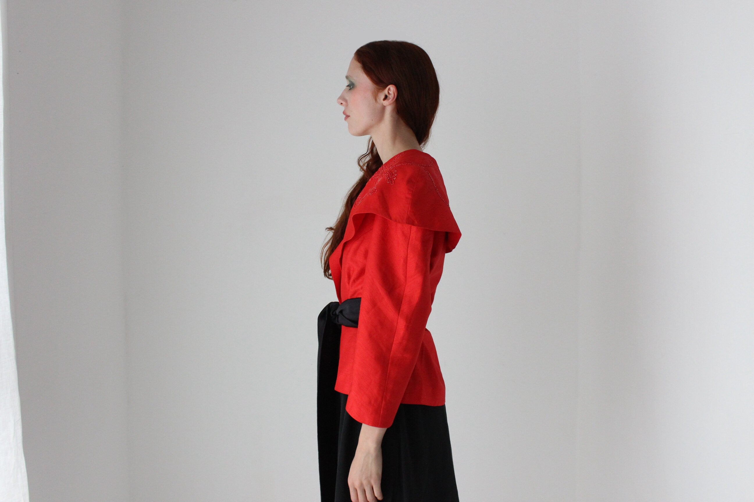 80s Raw Silk Look Bold Shoulder Jacket Top
