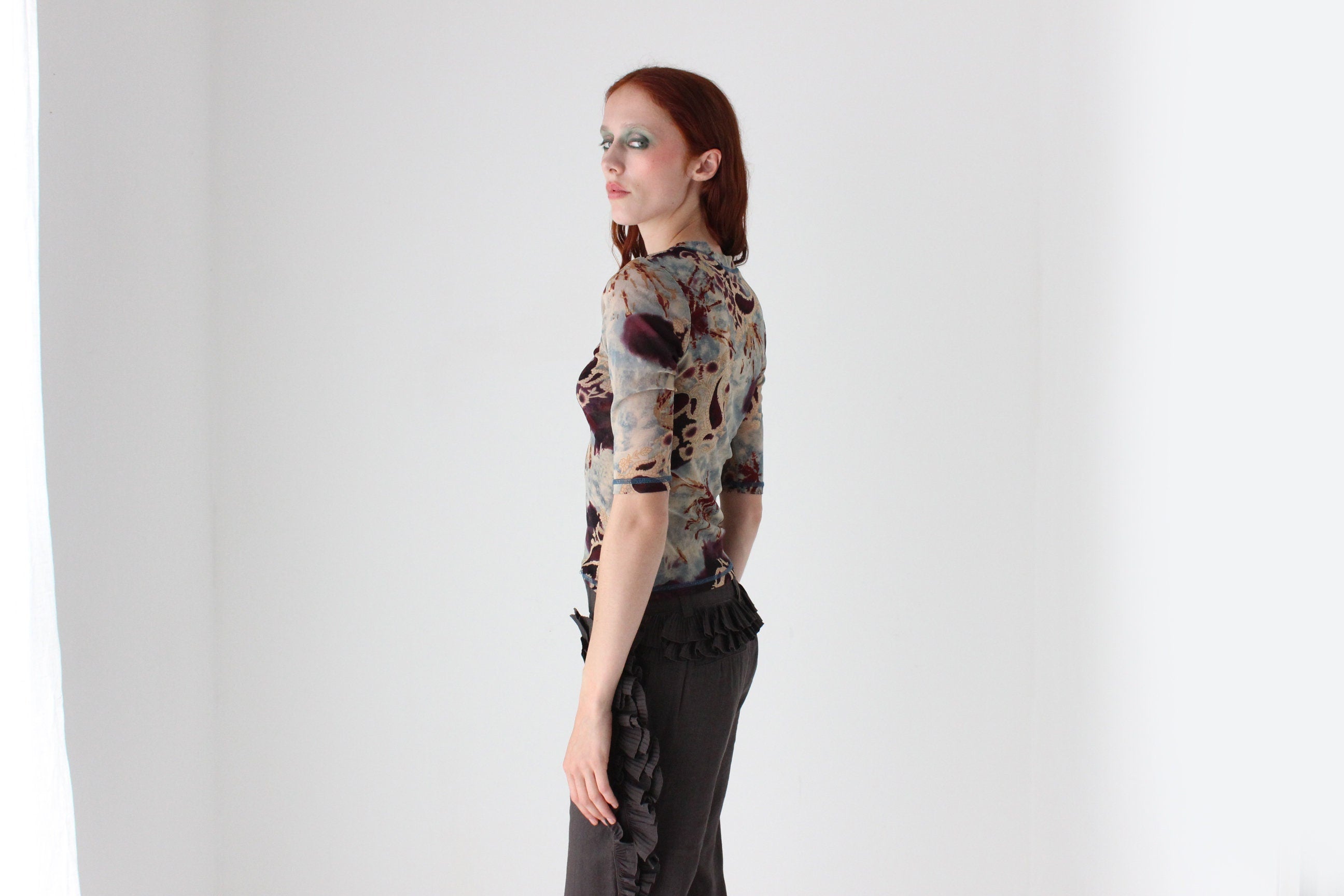 Y2K Designer Marylin Seyb Printed Baroque Mesh Top