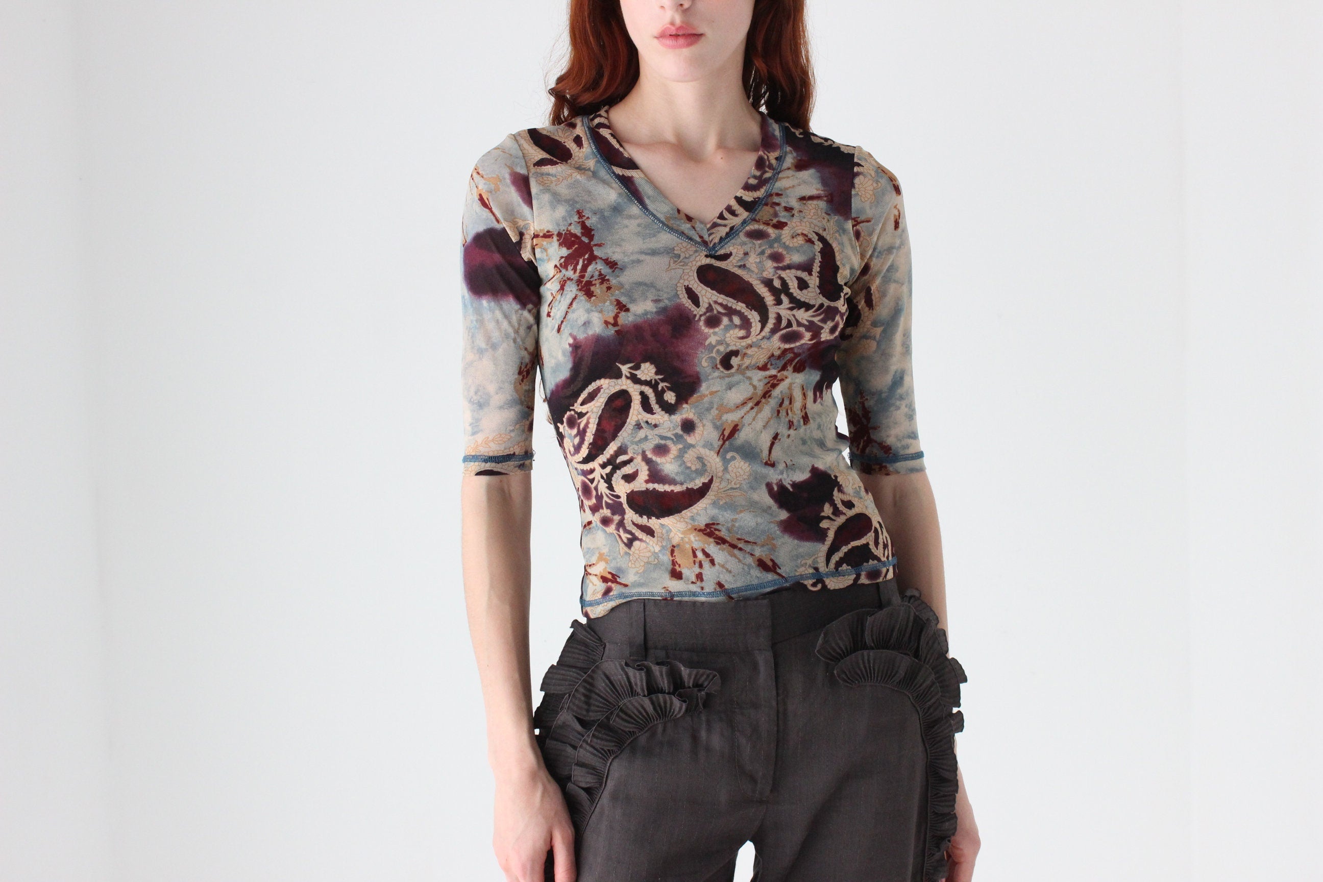 Y2K Designer Marylin Seyb Printed Baroque Mesh Top