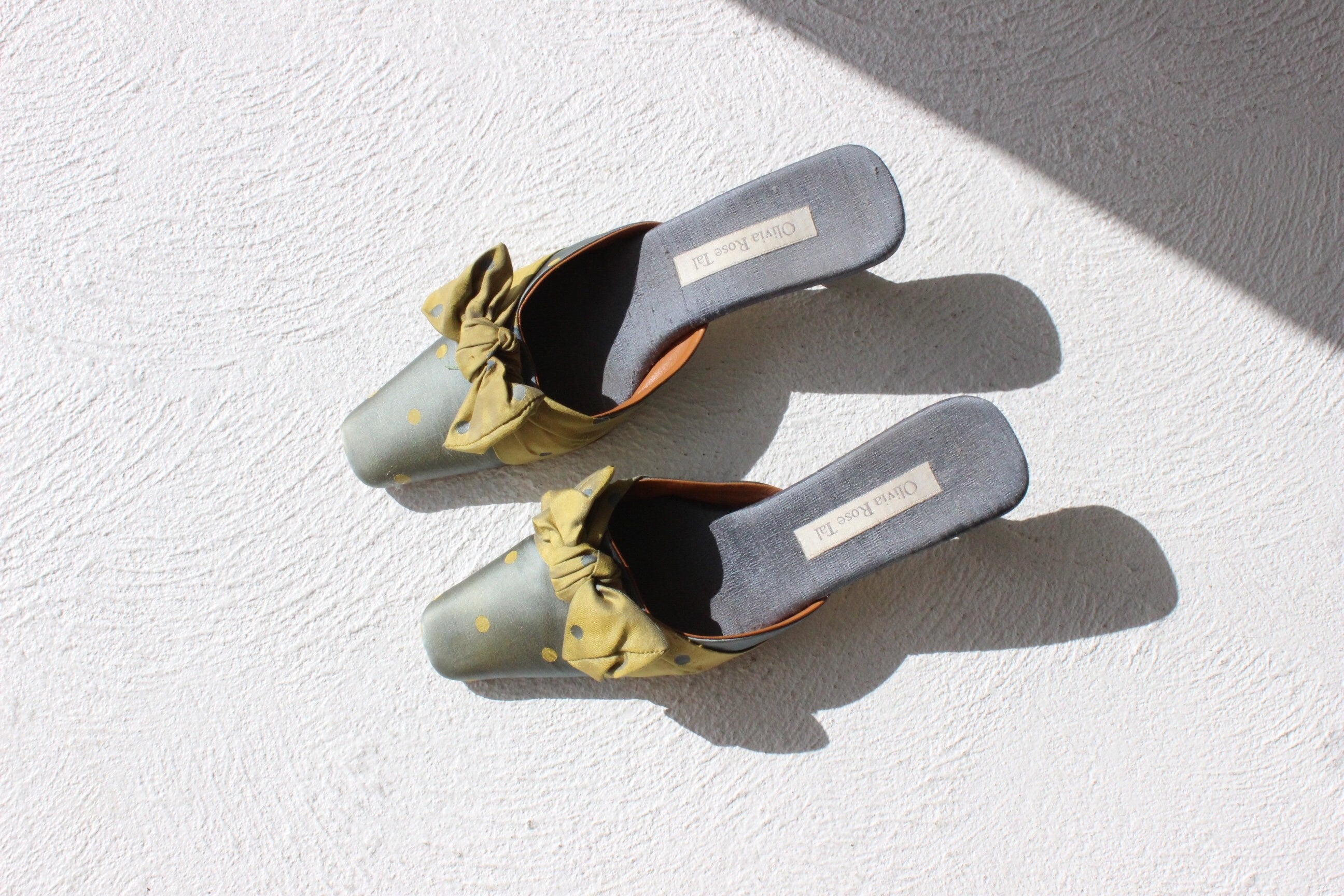 90s Olivia Rose Tal Raw Silk Polka Dot Bow Mules~ Euro 40