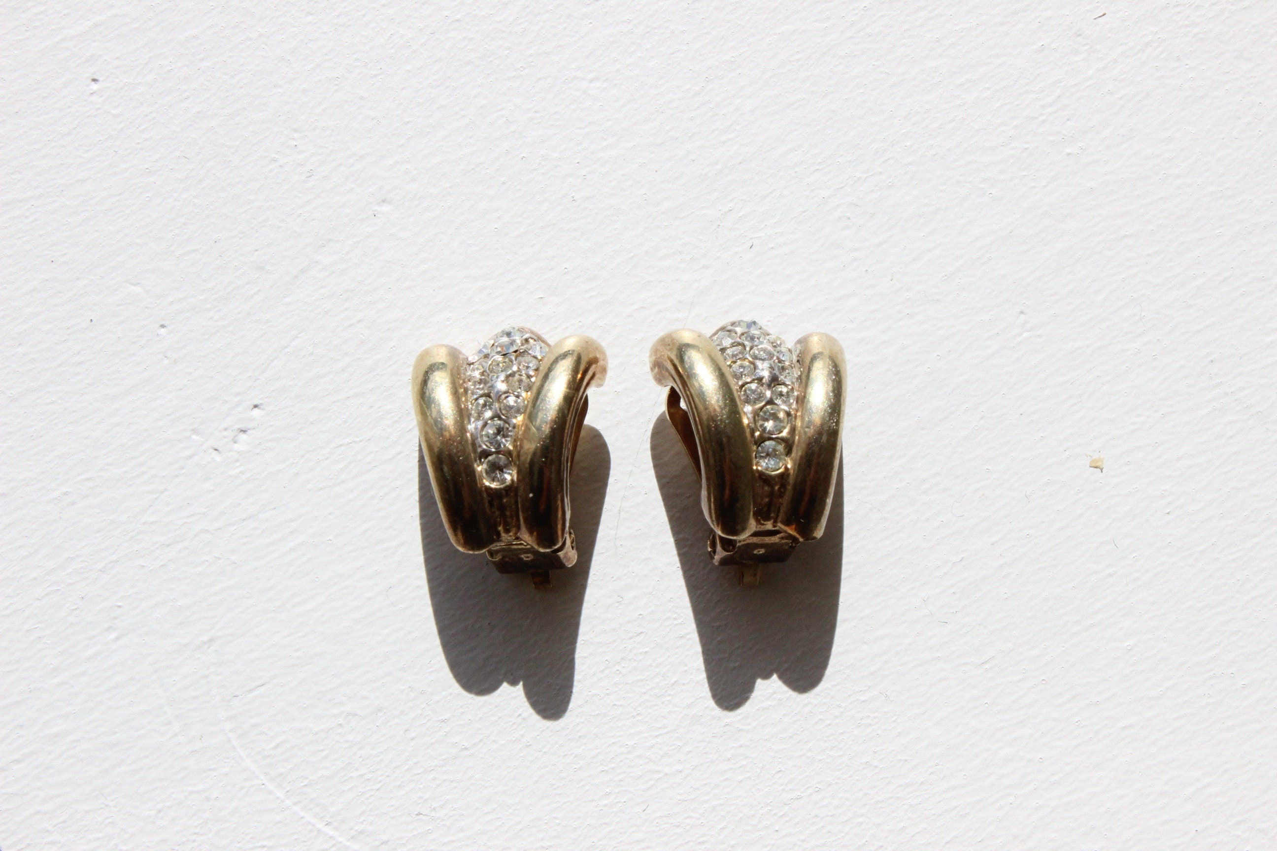 80s Dainty & Demure Baroque Gold Tone + Crystal Clip On Wedding Earrings