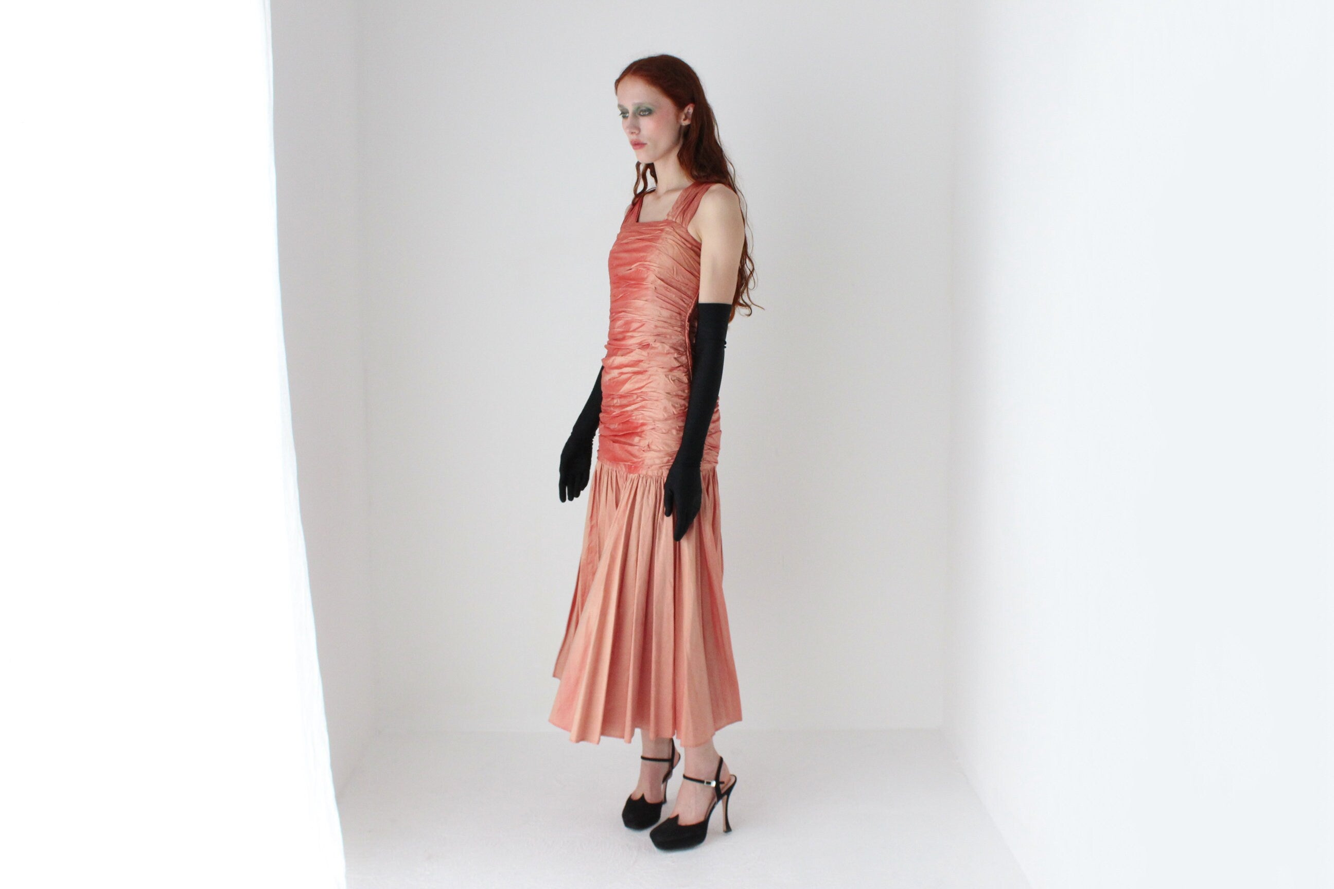 80s Shimmering Raw Silk Gathered Textural Dropwaist Cocktail Dress