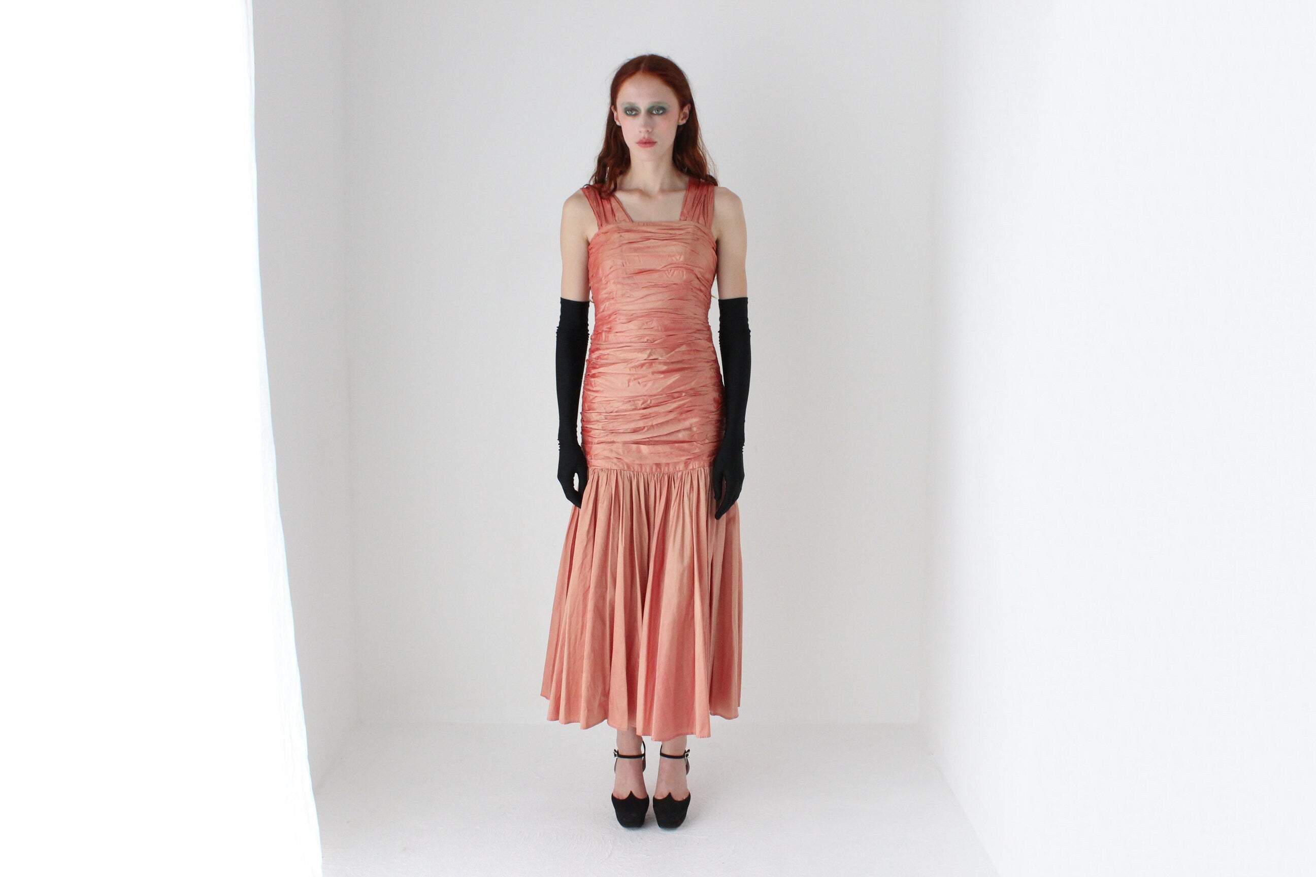 80s Shimmering Raw Silk Gathered Textural Dropwaist Cocktail Dress