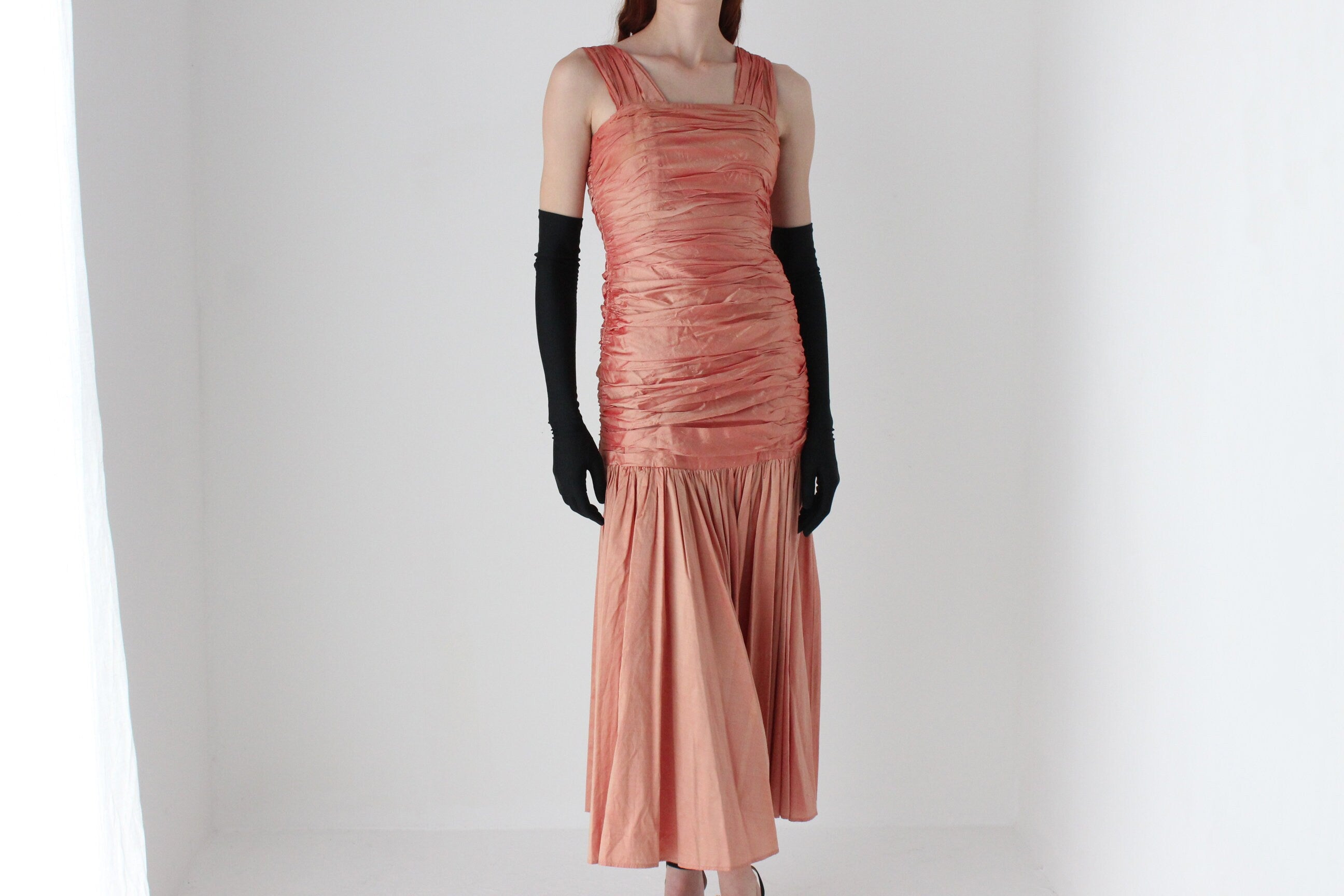 80s Shimmering Raw Silk Gathered Textural Dropwaist Cocktail Dress