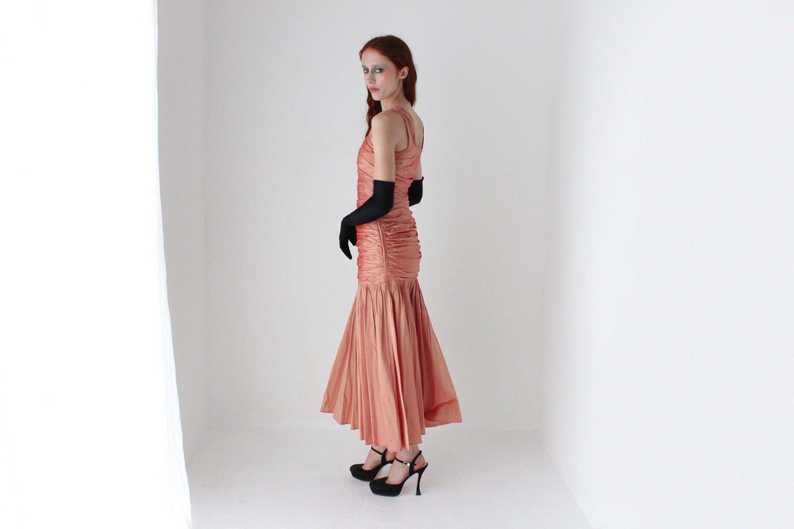 80s Shimmering Raw Silk Gathered Textural Dropwaist Cocktail Dress