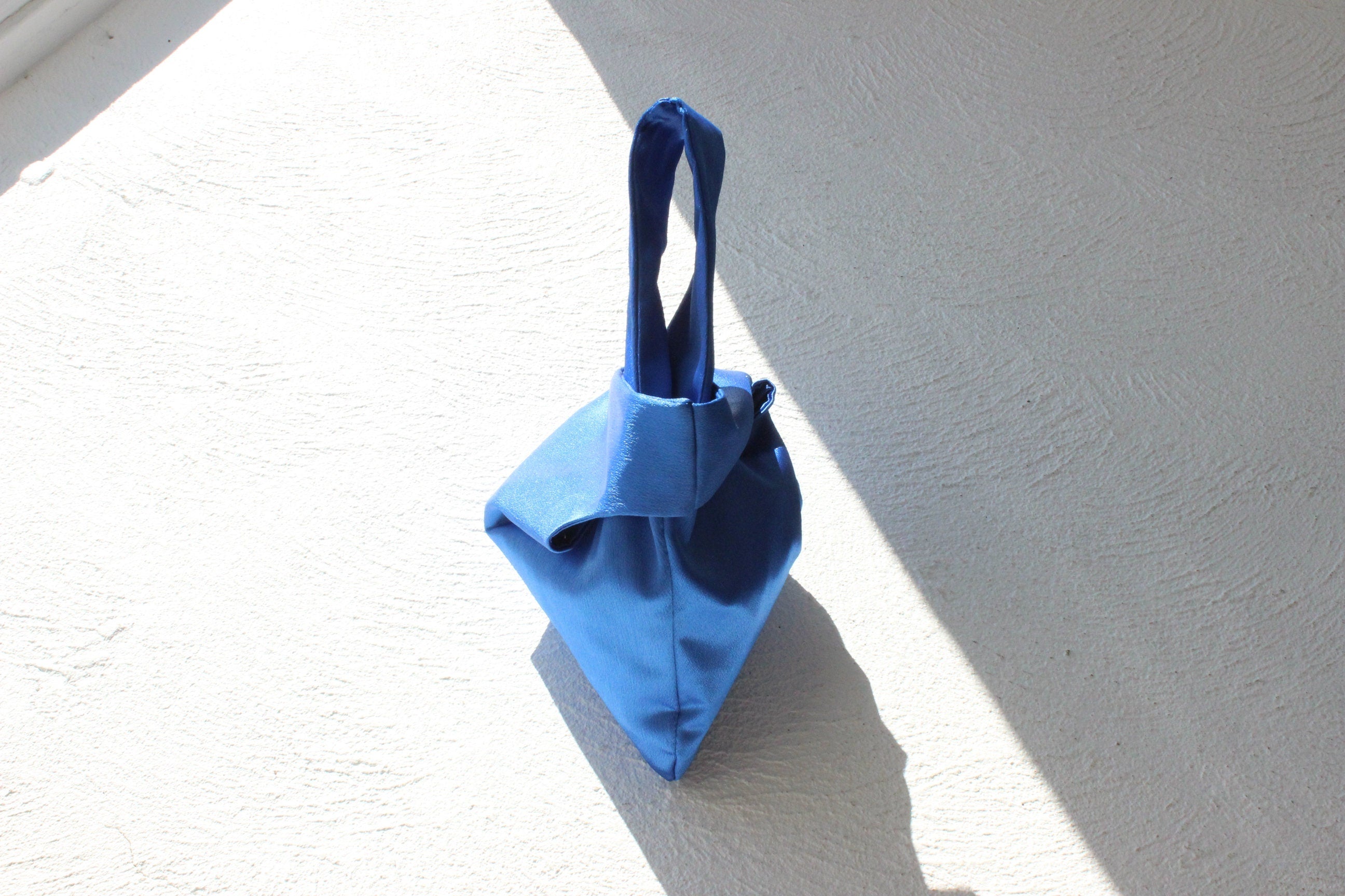 Metallic Blue Soft Asymmetric Wristlet Knot Evening Bag
