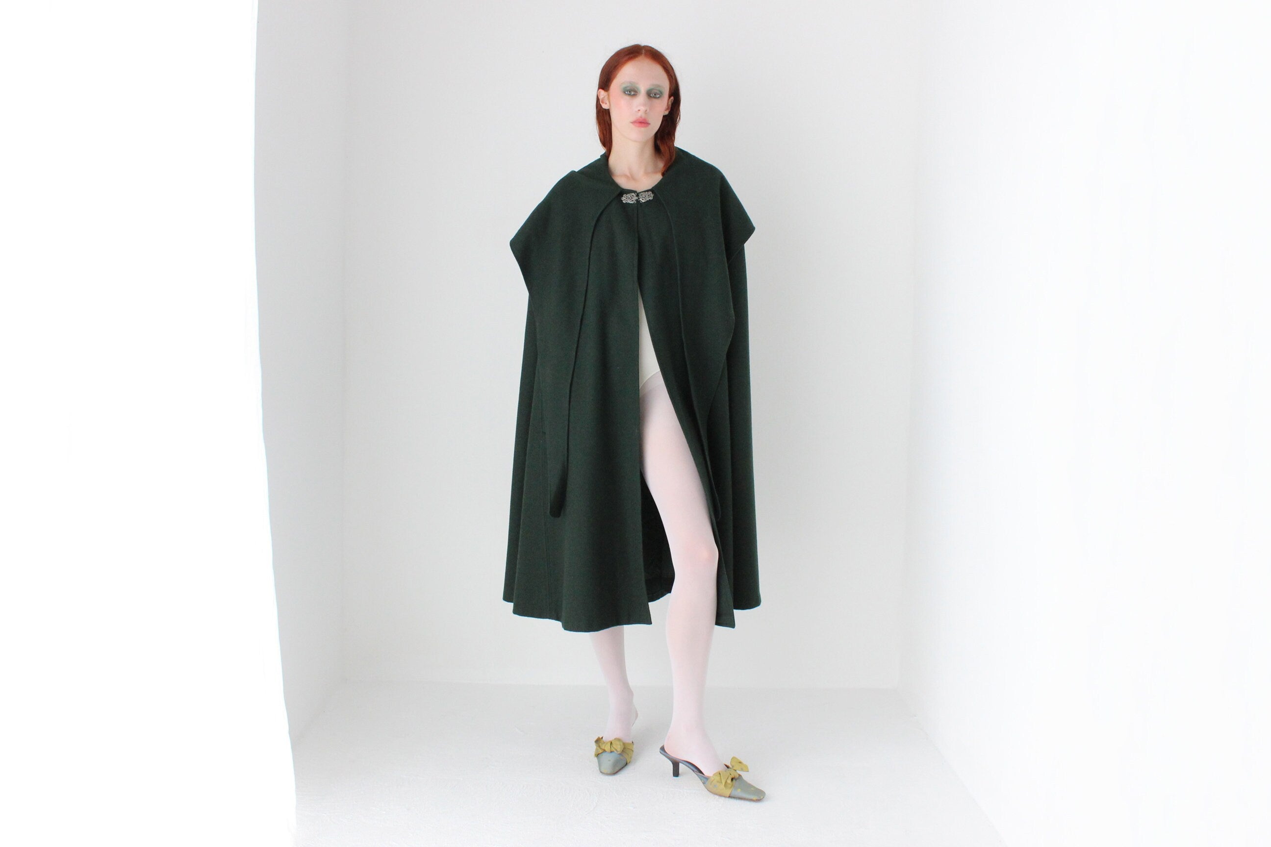 90s Rich Green PURE WOOL Boutique Hooded Cape Coat