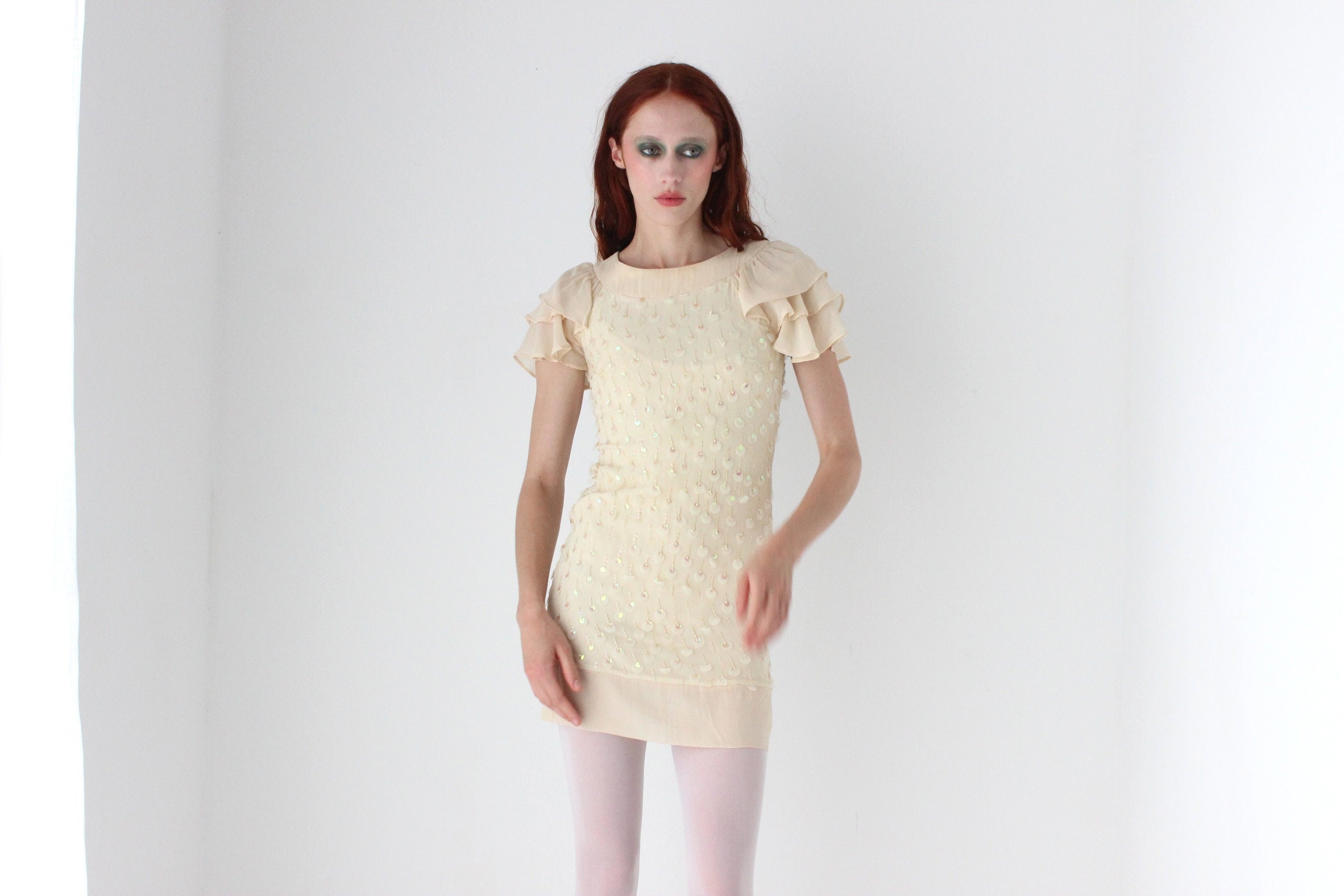 2000s Textured Silk & Sequin Flutter Dress by Alannah Hill